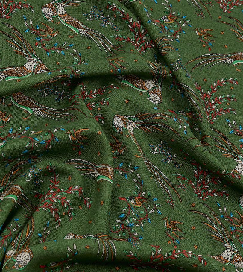 Olive Birds of Paradise Print Wool Silk Scarf