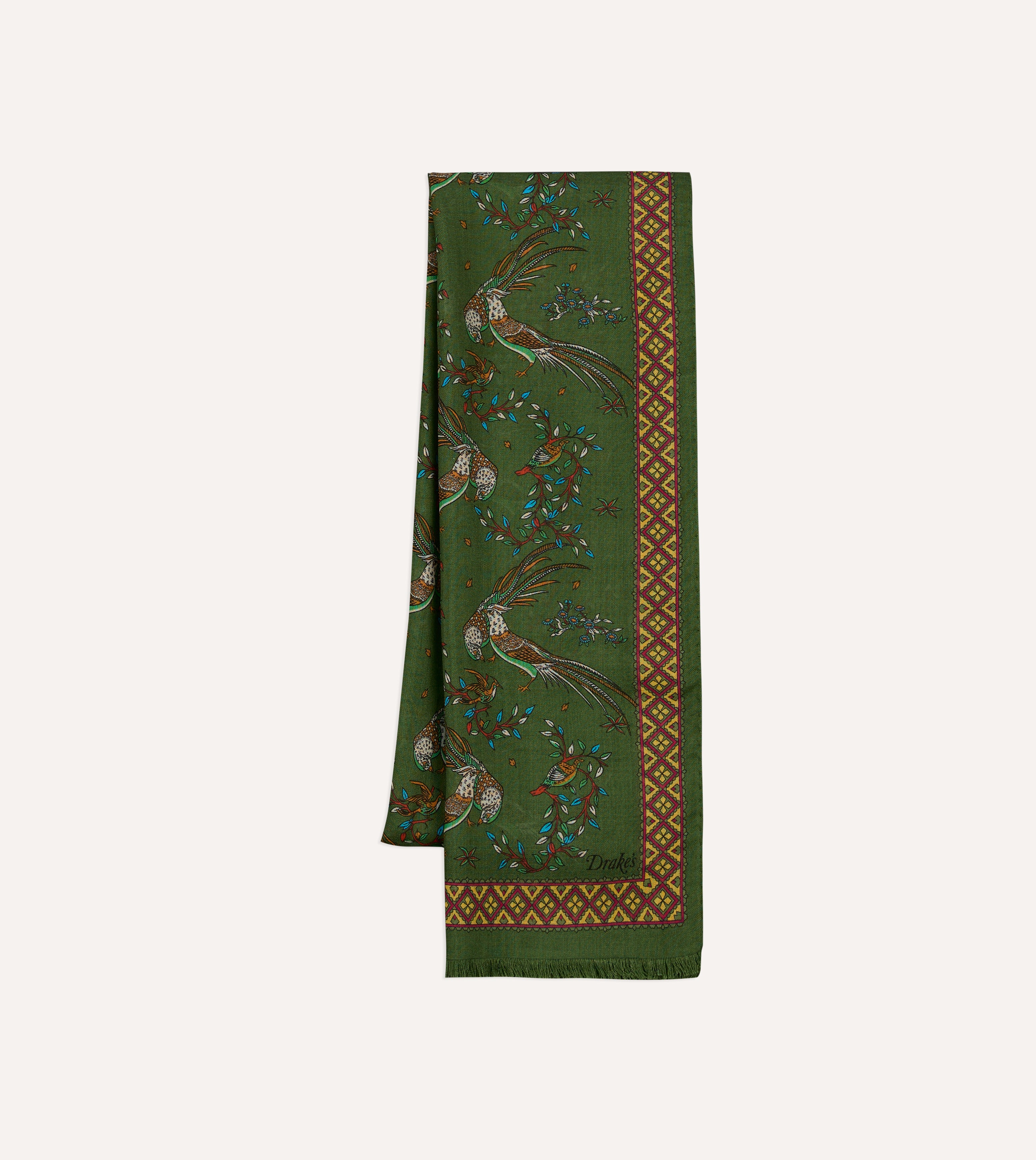 Olive Birds of Paradise Print Wool Silk Scarf