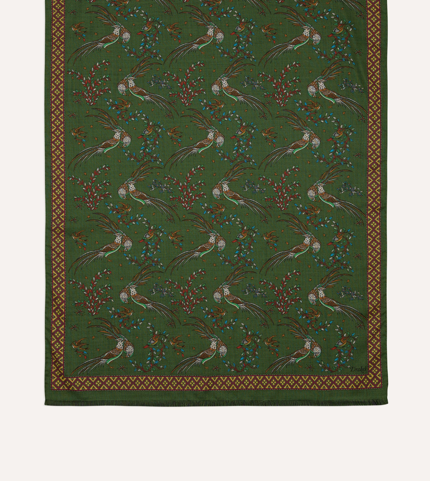 Olive Birds of Paradise Print Wool Silk Scarf