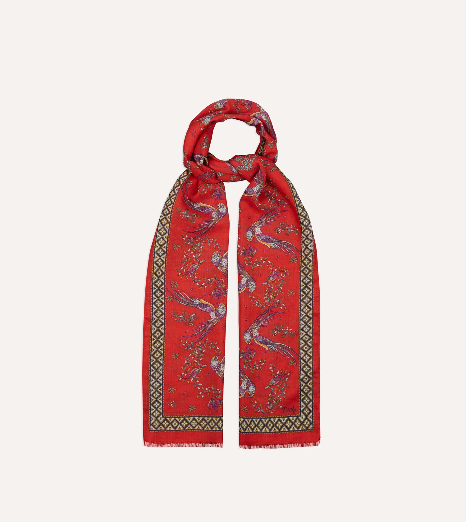 Red Birds of Paradise Print Wool Silk Scarf