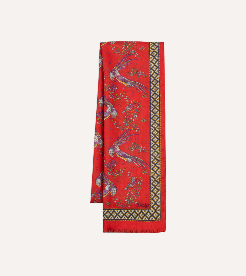 Red Birds of Paradise Print Wool Silk Scarf