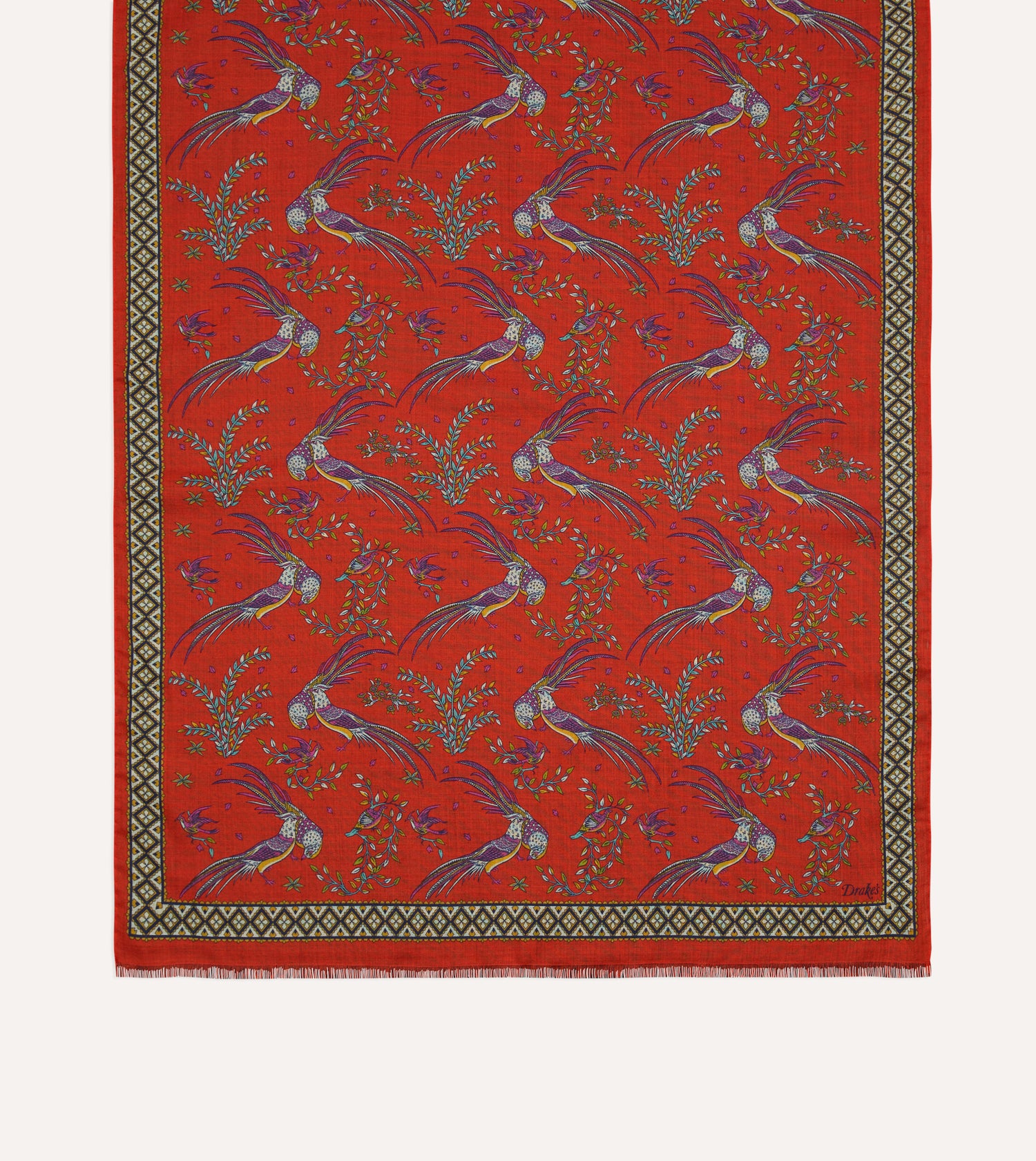 Red Birds of Paradise Print Wool Silk Scarf
