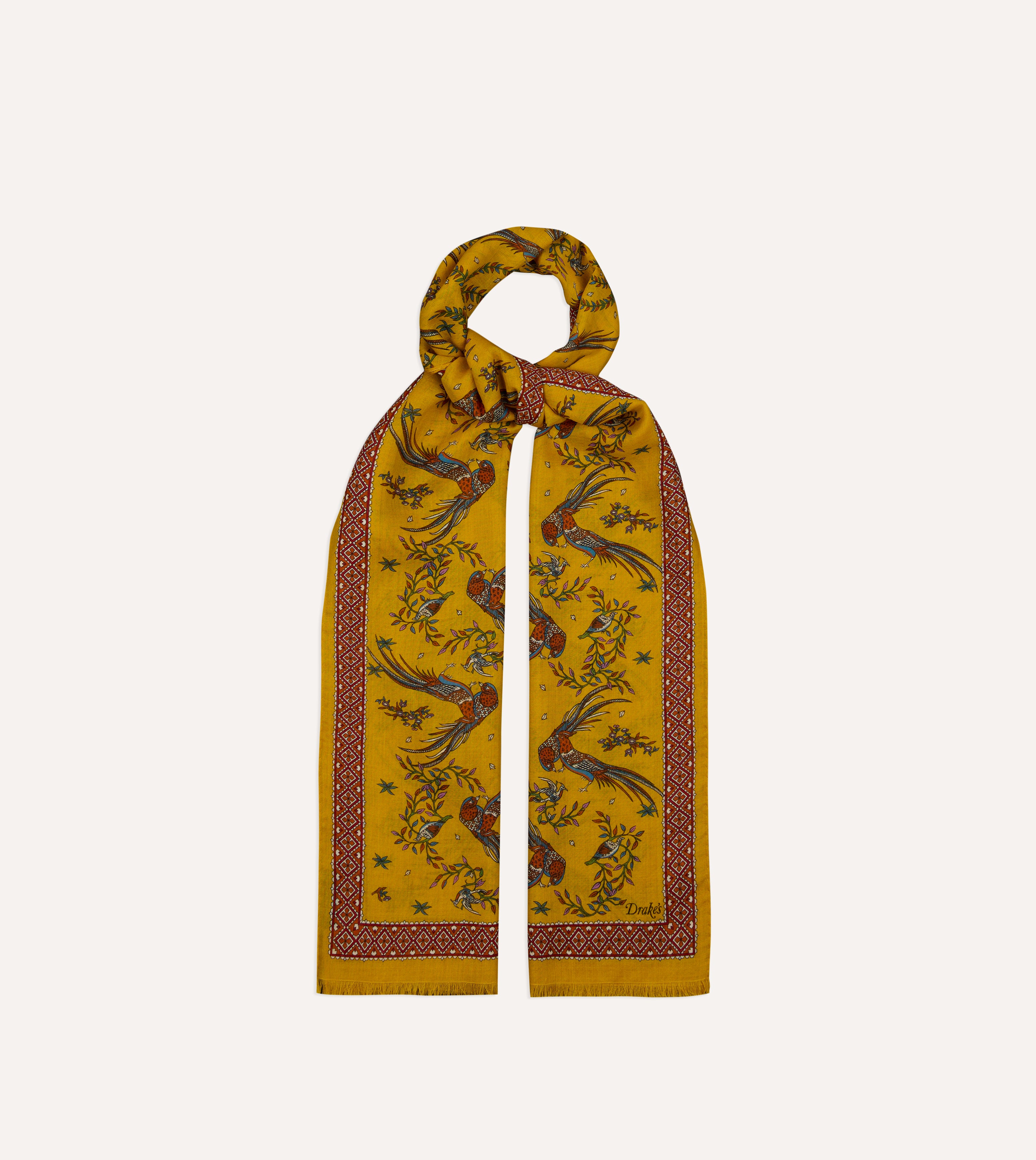 Yellow Birds of Paradise Print Wool Silk Scarf