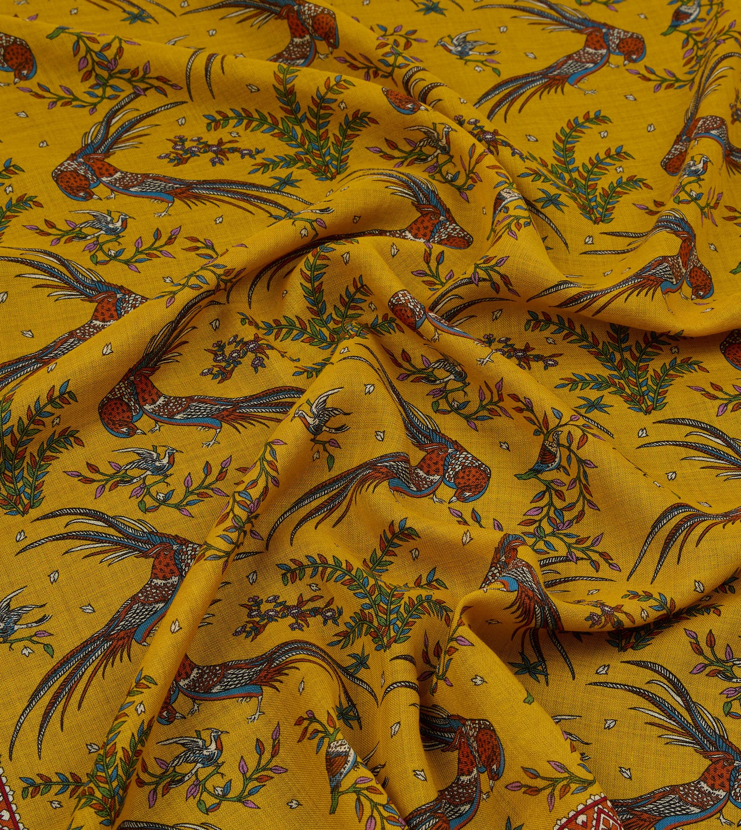 Yellow Birds of Paradise Print Wool Silk Scarf