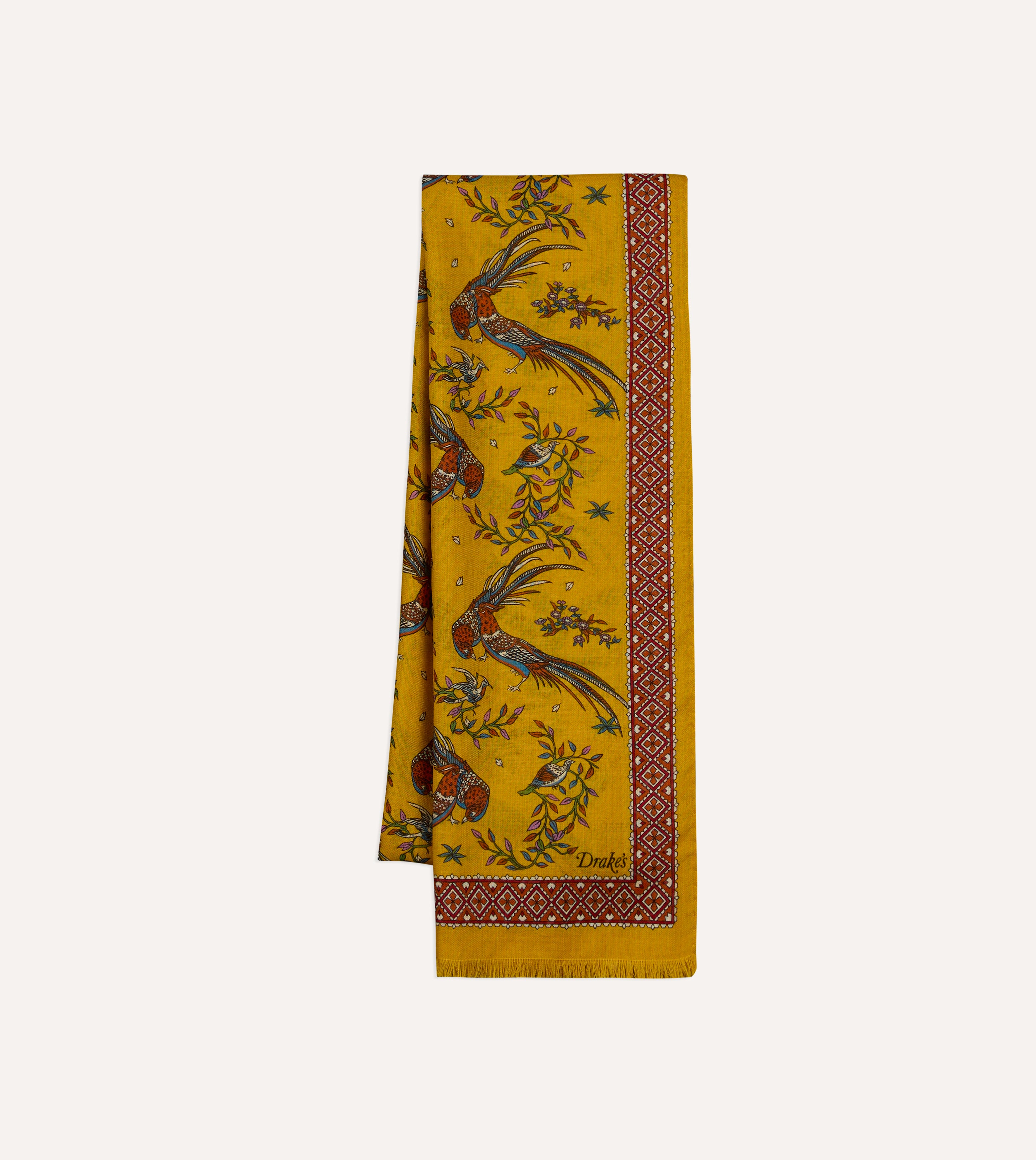 Yellow Birds of Paradise Print Wool Silk Scarf