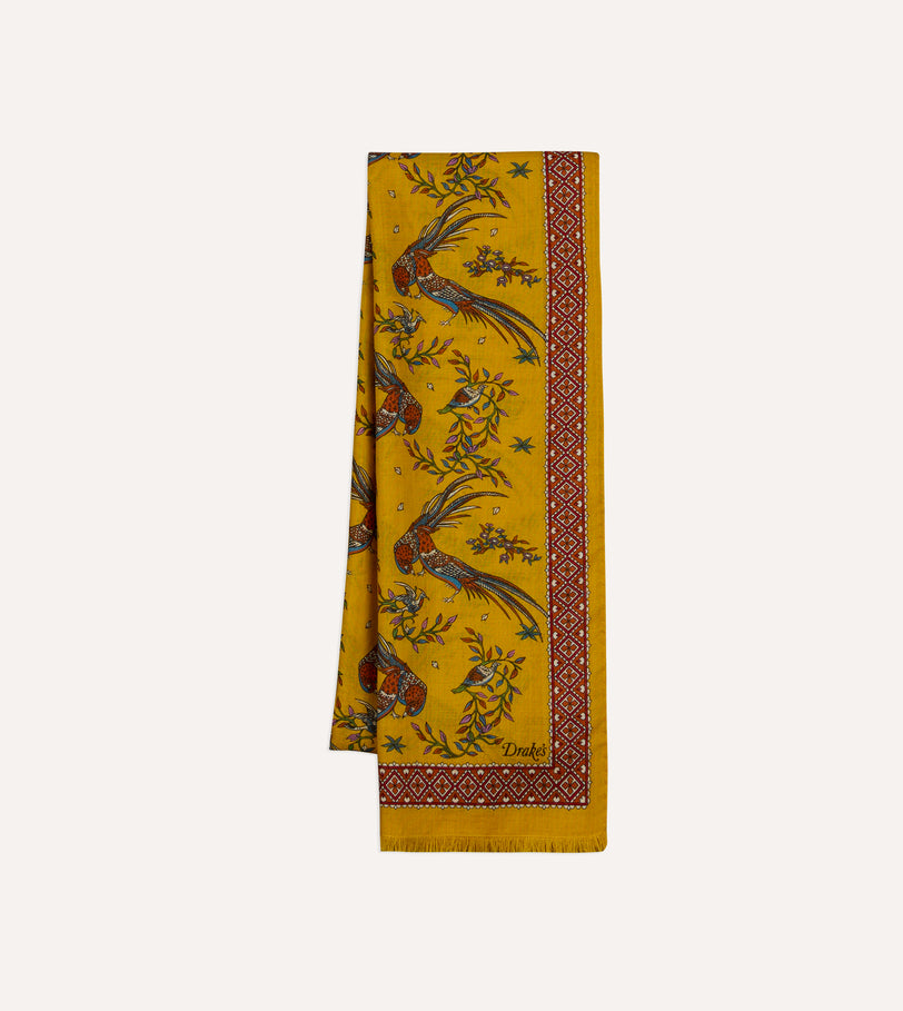Yellow Birds of Paradise Print Wool Silk Scarf