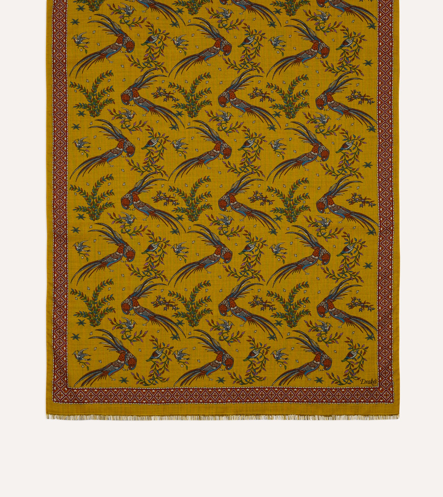 Yellow Birds of Paradise Print Wool Silk Scarf