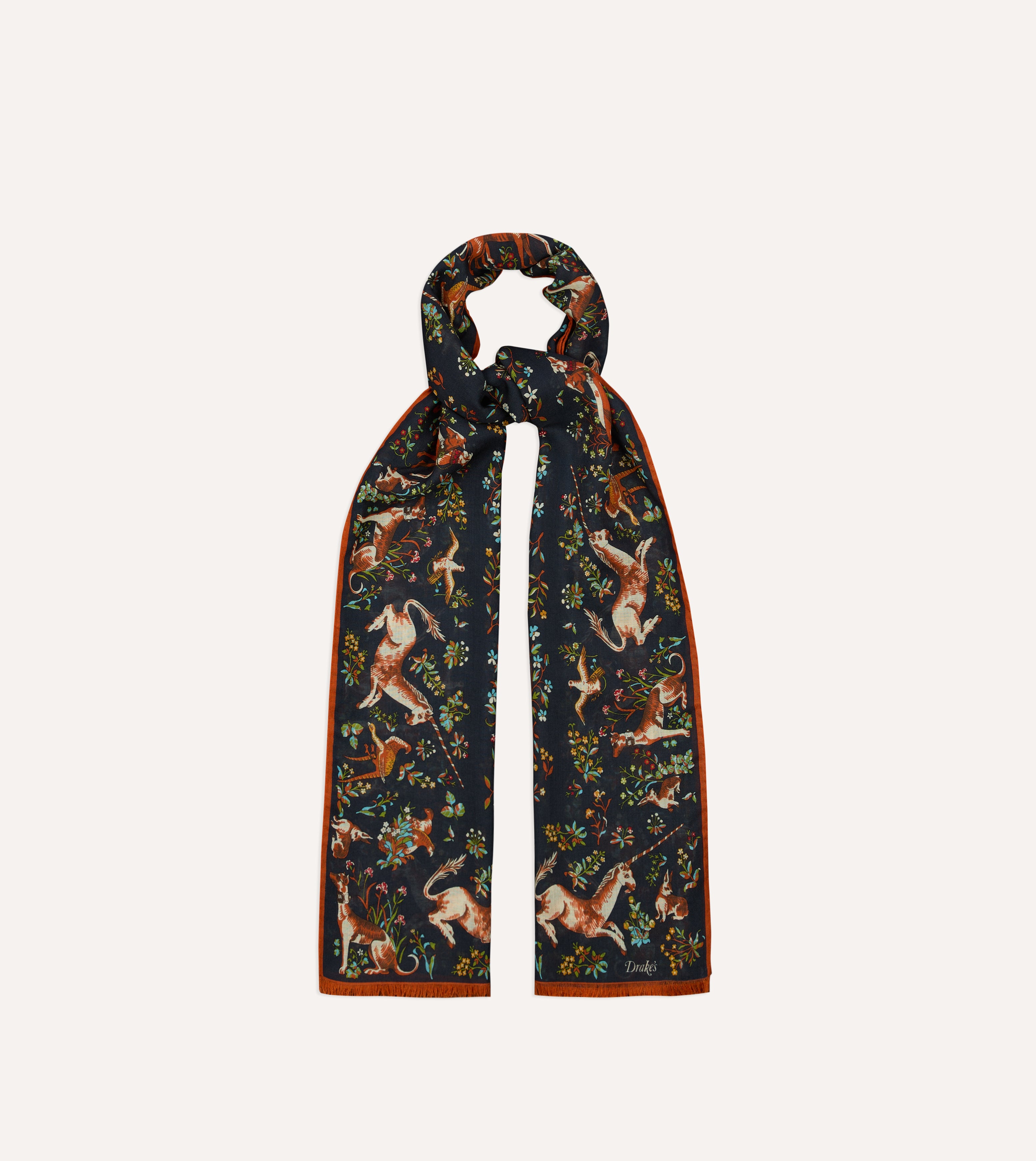 Drake's 動物柄 ネイビー スカーフ ストール ウールシルク Navy Unicorn Garden Print Tubular Wool-Silk Scarf – Drakes US