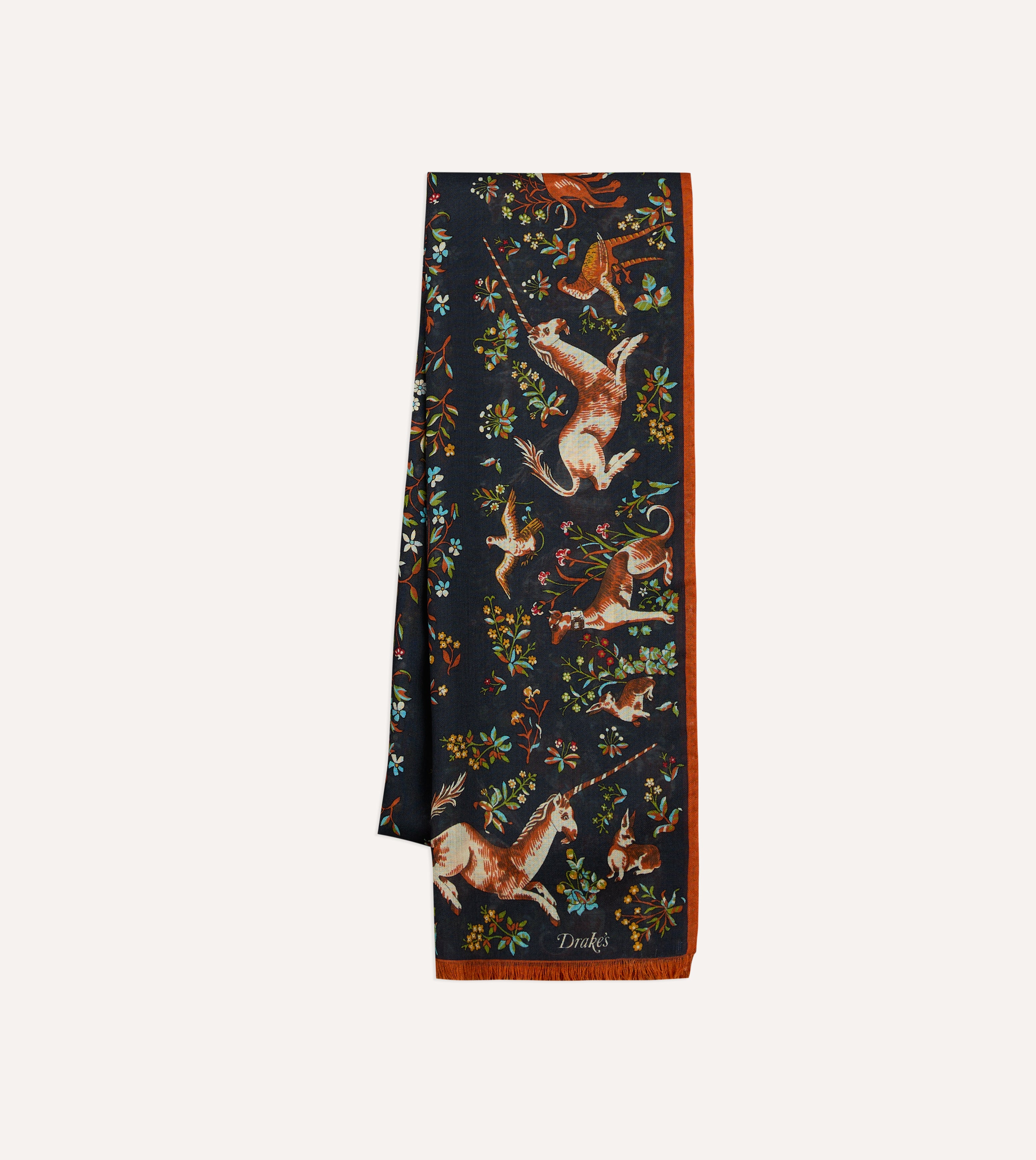 Navy Unicorn Garden Print Tubular Wool-Silk Scarf – Drakes US