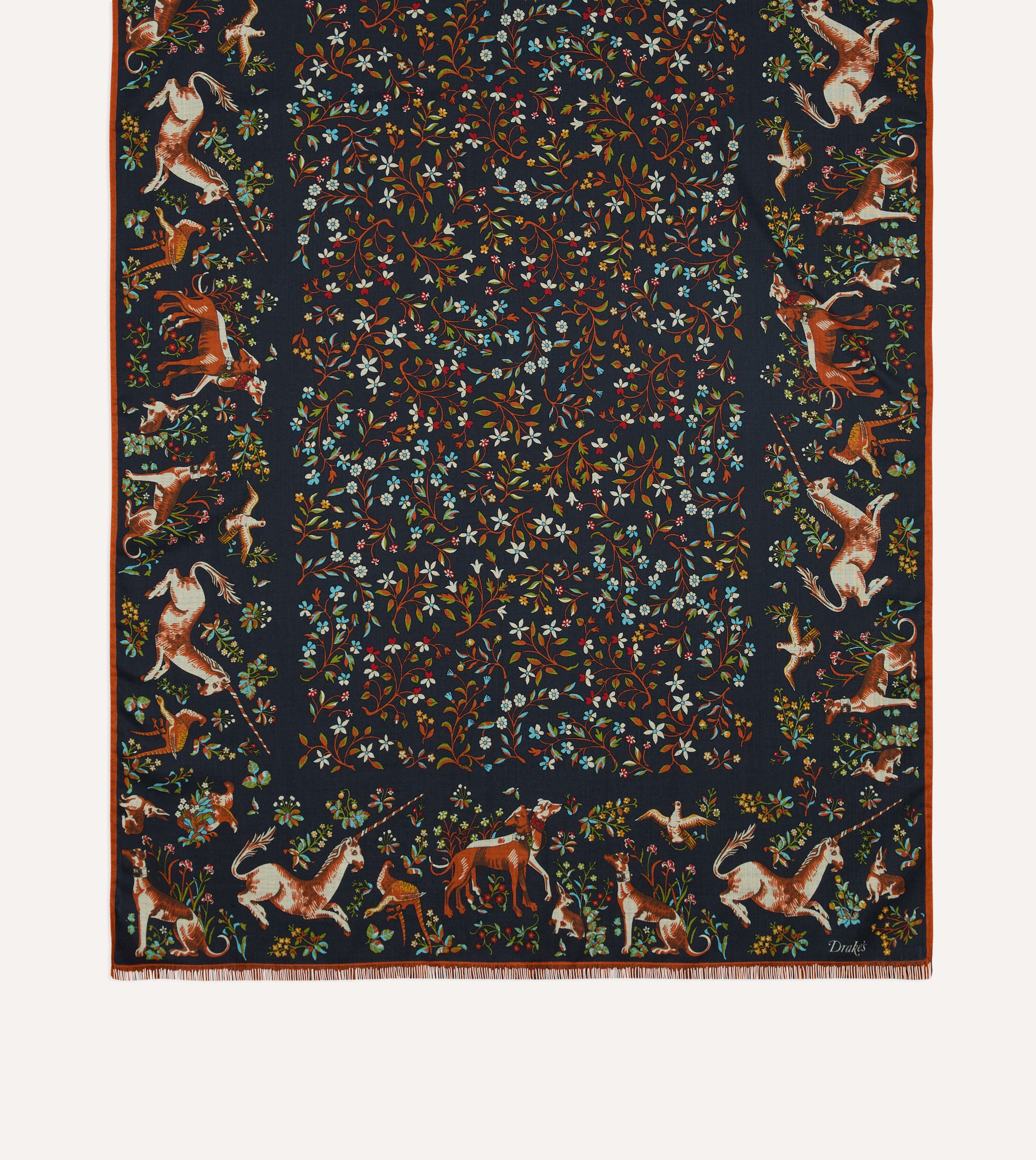Drake's 動物柄 ネイビー スカーフ ストール ウールシルク Navy Unicorn Garden Print Tubular Wool-Silk Scarf – Drakes US