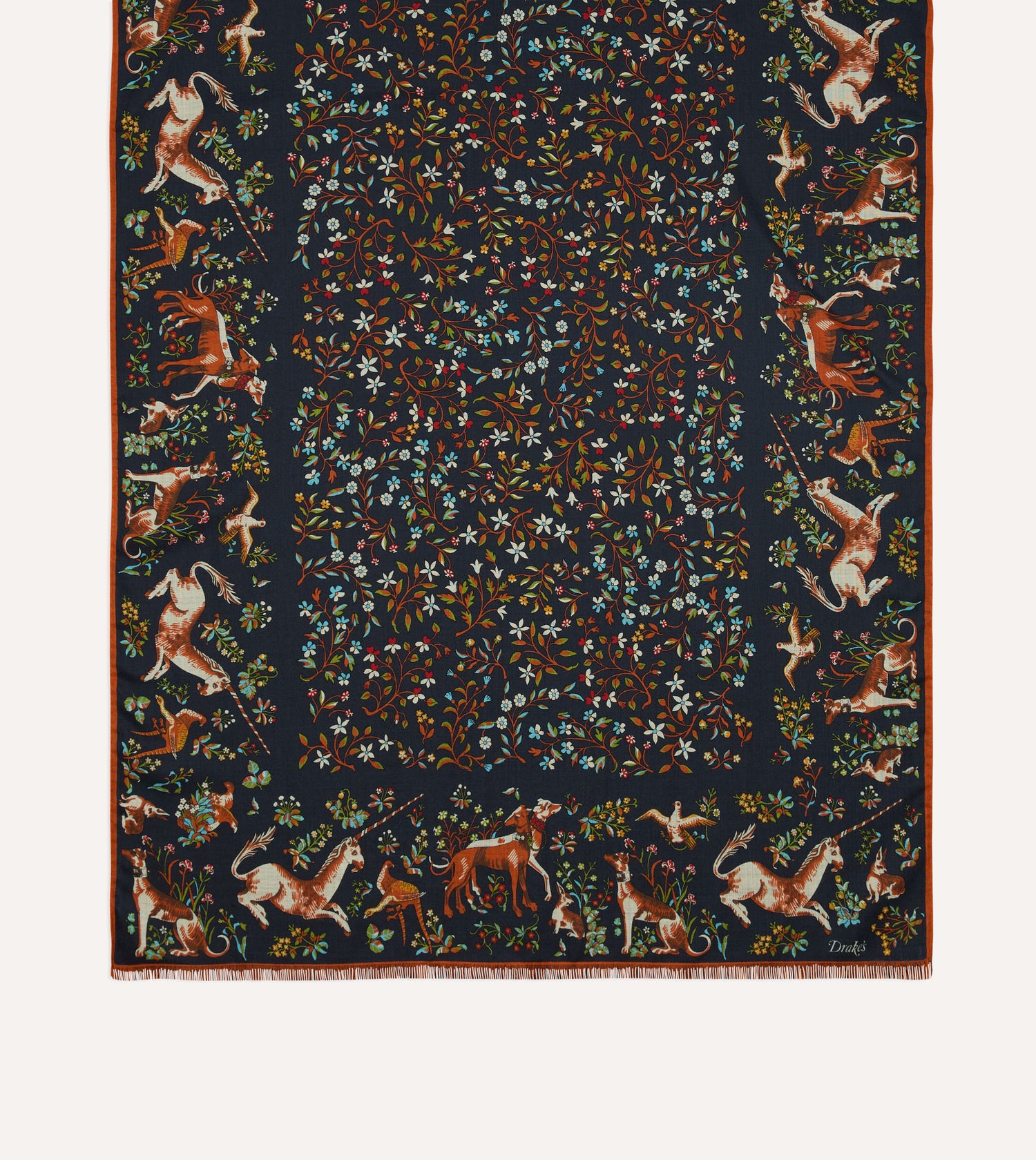 Navy Unicorn Garden Print Tubular Wool-Silk Scarf