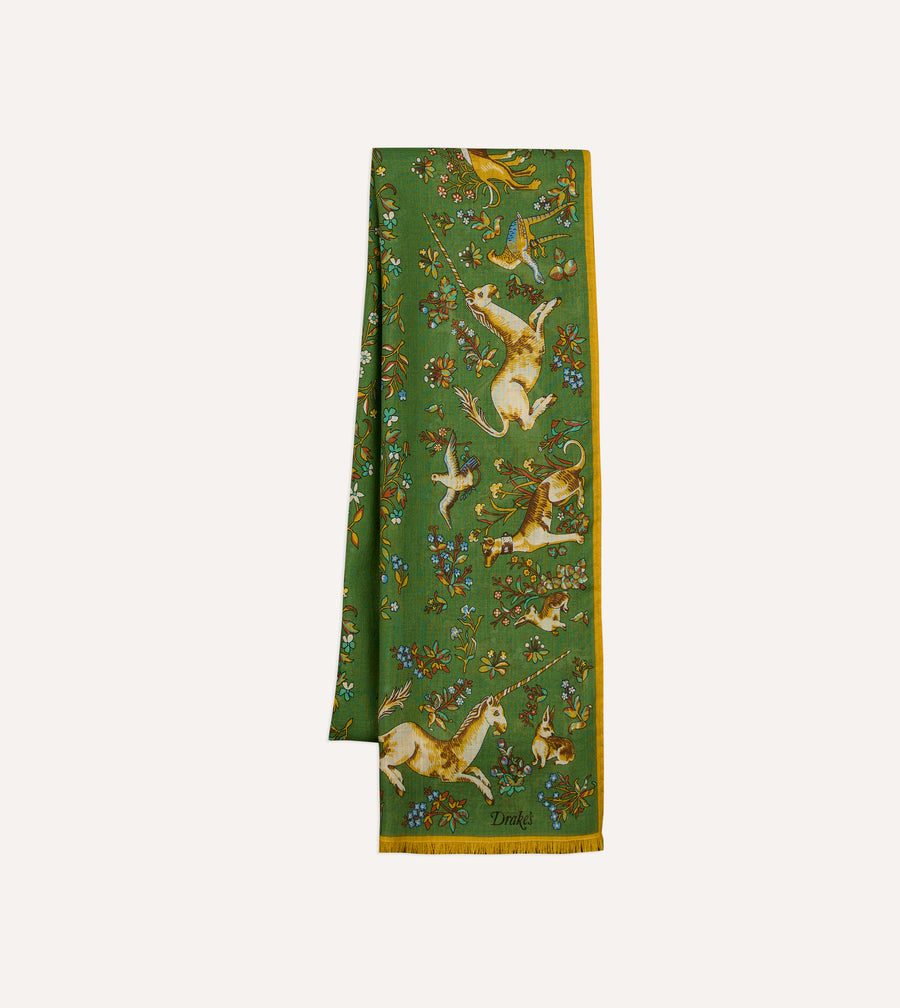 Olive Unicorn Garden Print Tubular Wool-Silk Scarf
