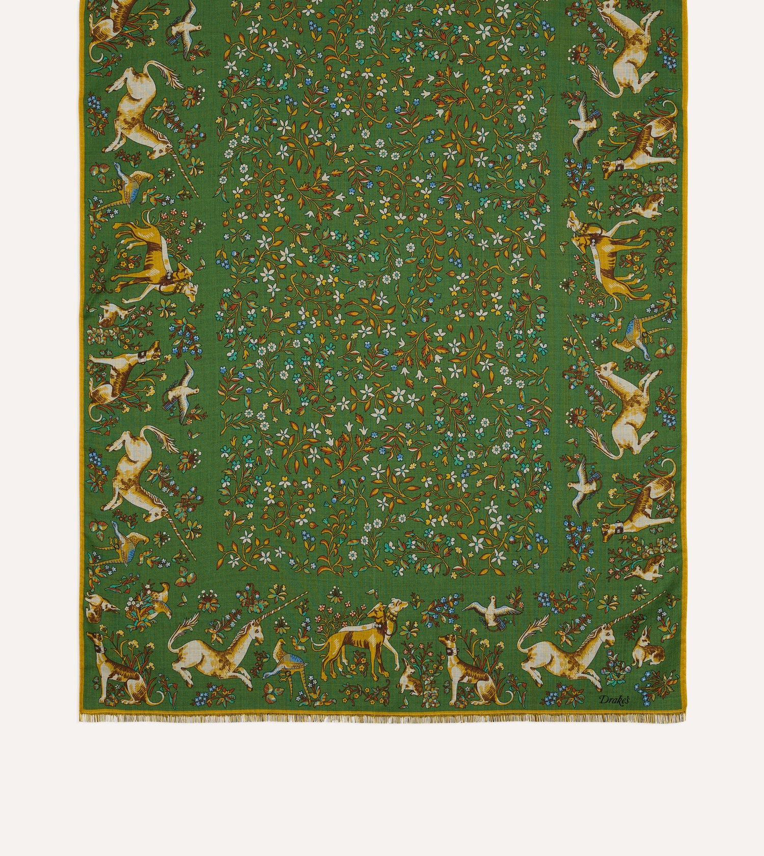 Olive Unicorn Garden Print Tubular Wool-Silk Scarf