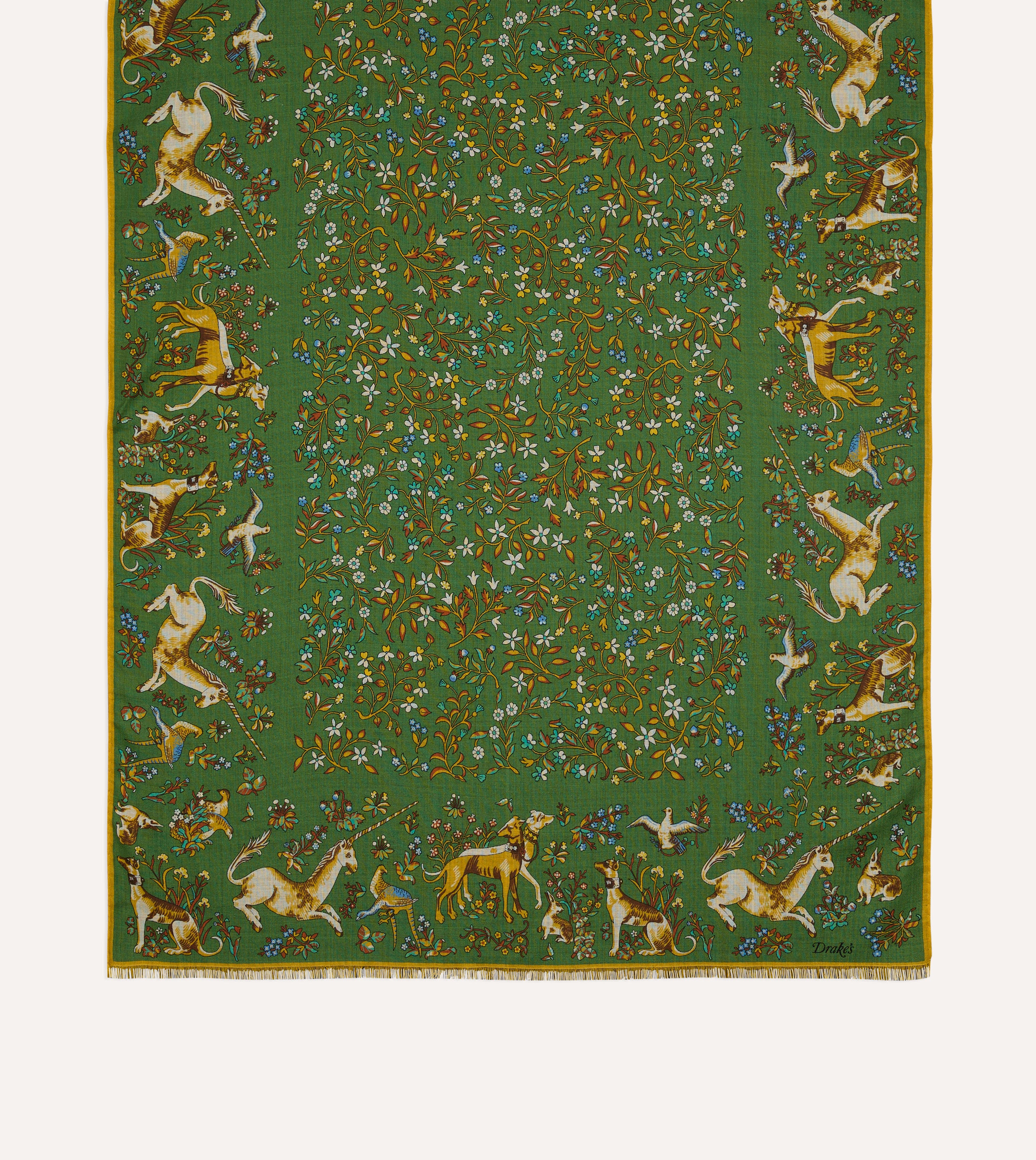 Olive Unicorn Garden Print Tubular Wool-Silk Scarf