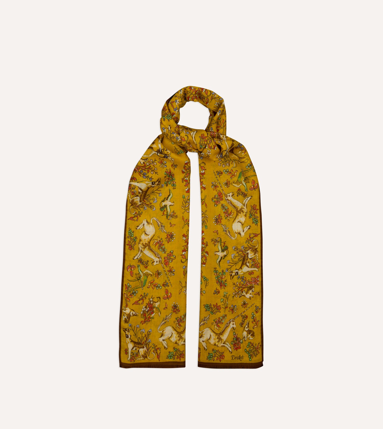 Yellow Unicorn Garden Print Tubular Wool-Silk Scarf