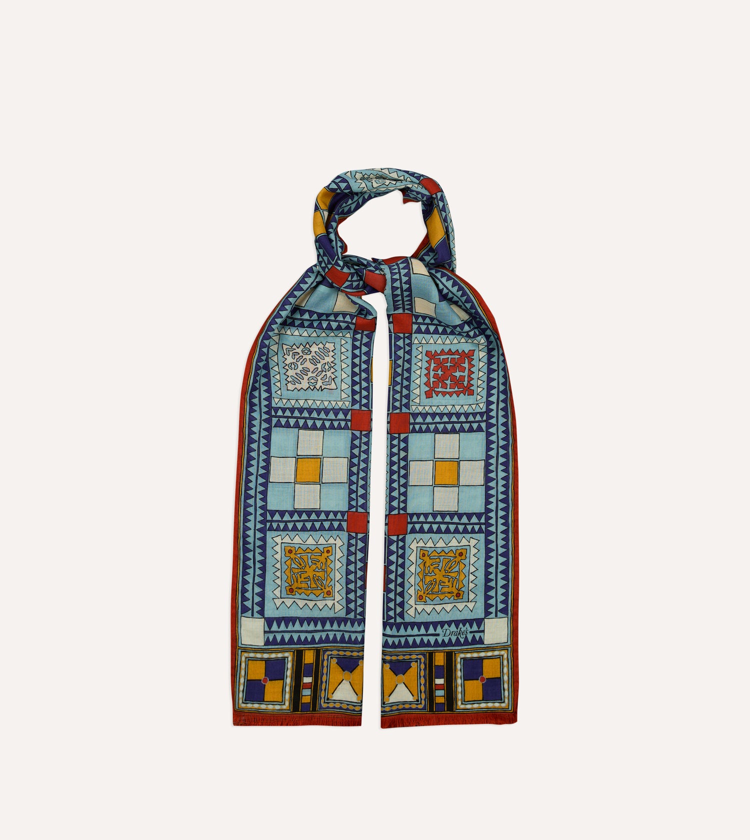 Blue Geometric Print Wool Silk Scarf