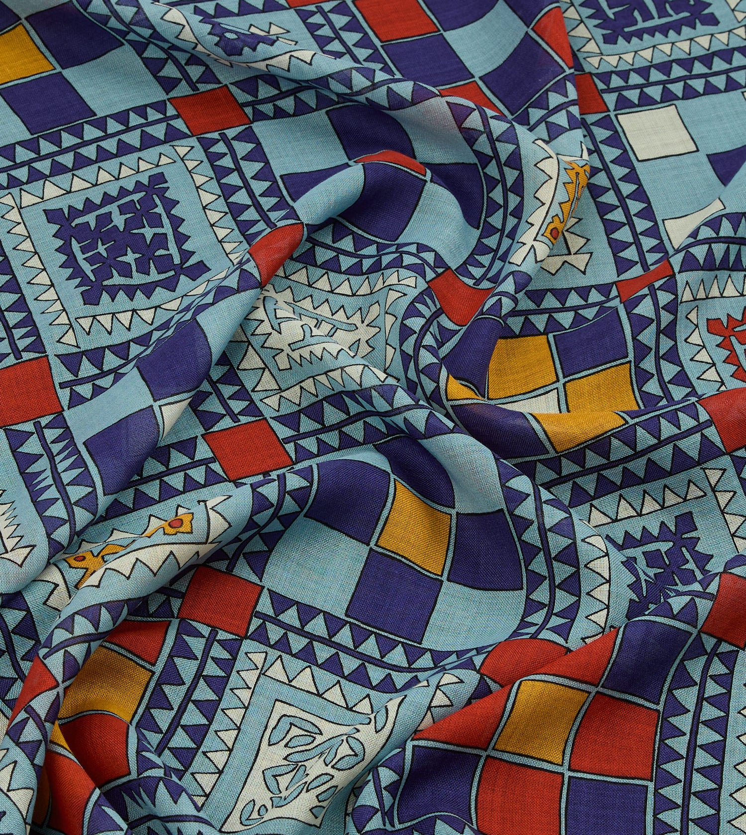 Blue Geometric Print Wool Silk Scarf