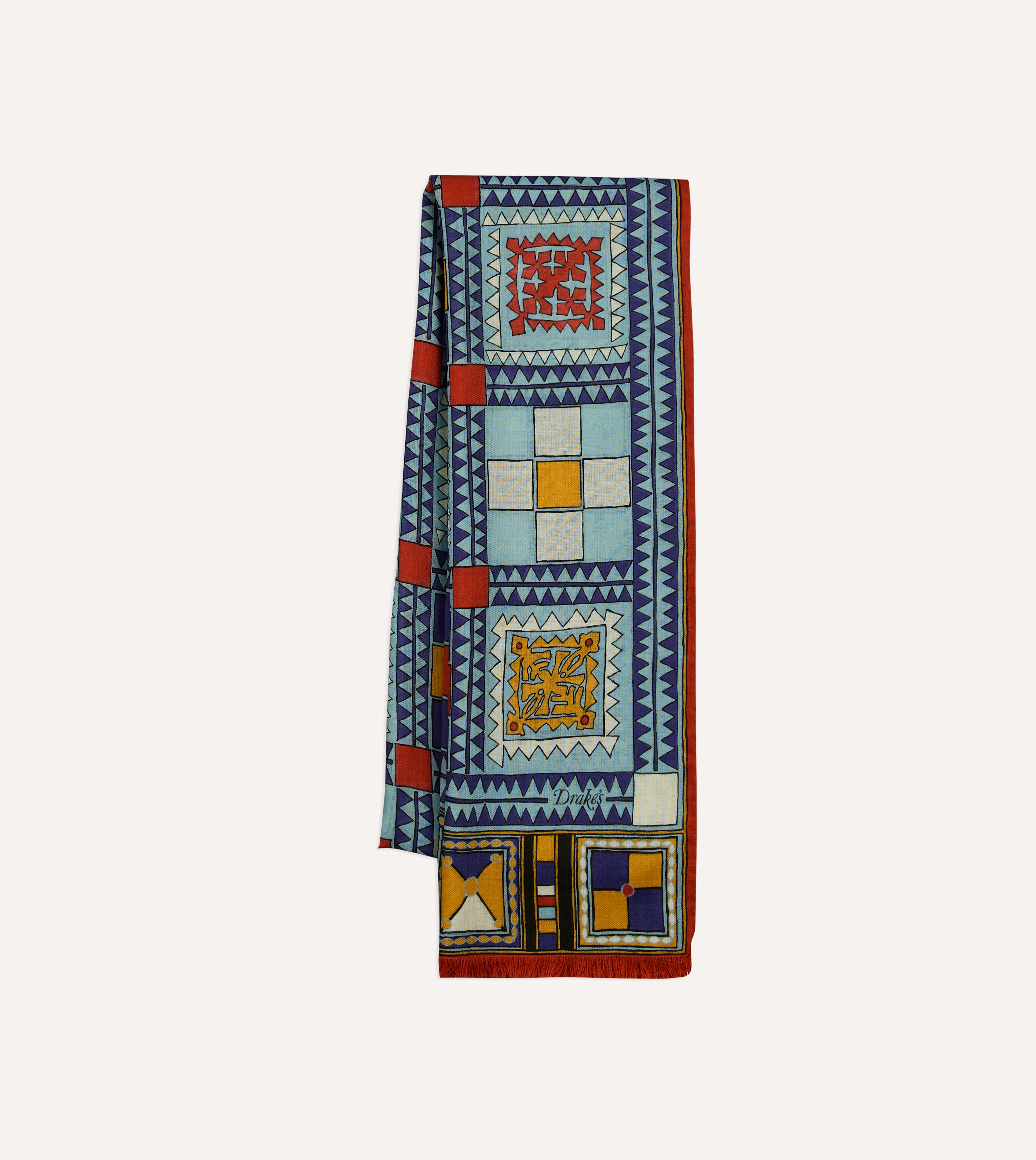 Blue Geometric Print Wool Silk Scarf