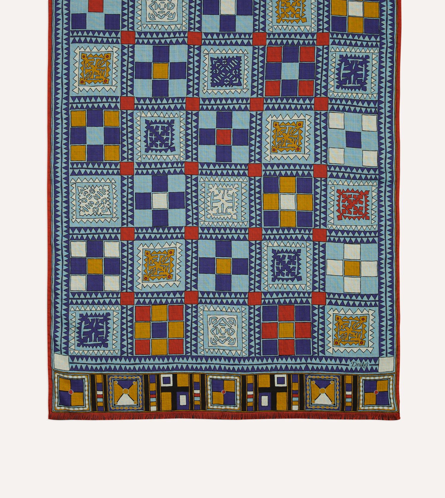 Blue Geometric Print Wool Silk Scarf