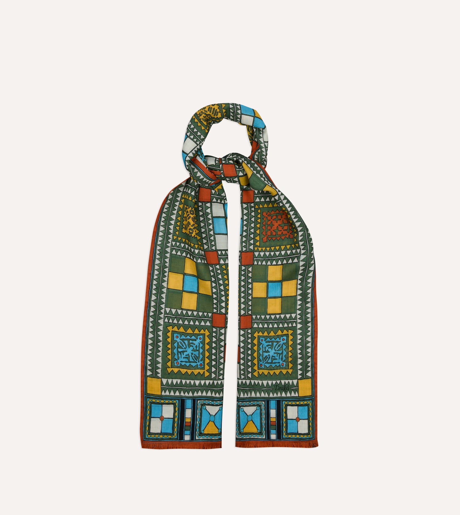 Green Geometric Print Wool Silk Scarf