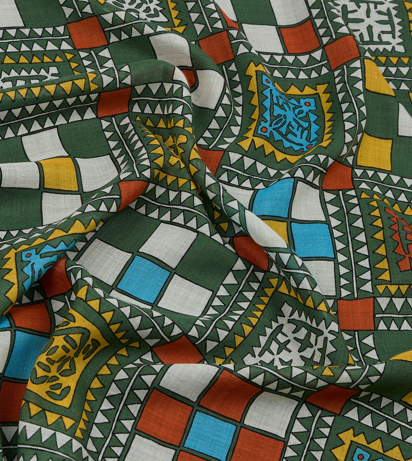 Green Geometric Print Wool Silk Scarf