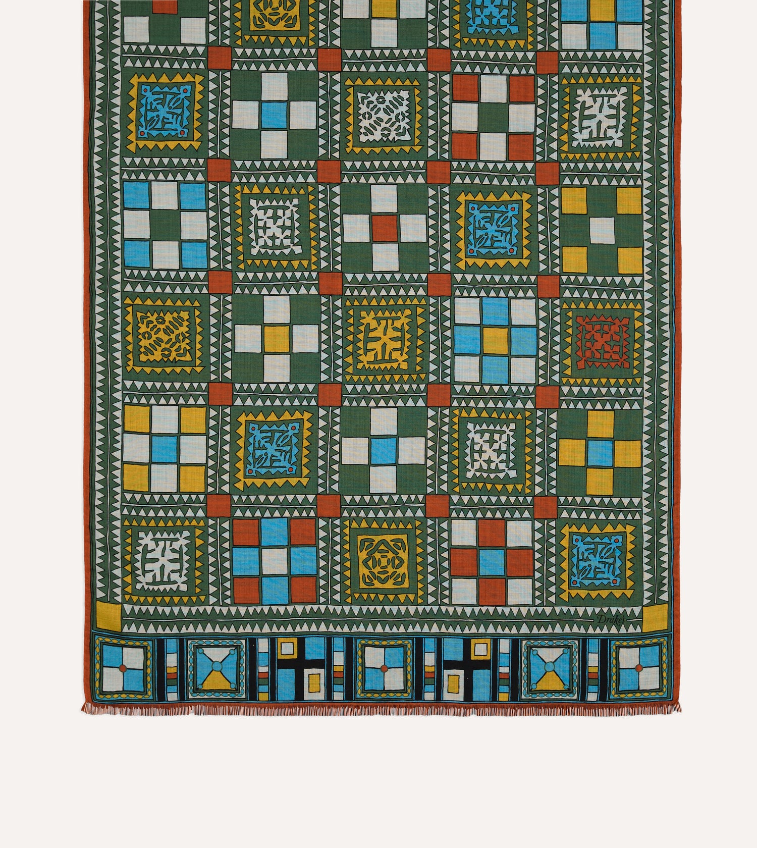 Green Geometric Print Wool Silk Scarf