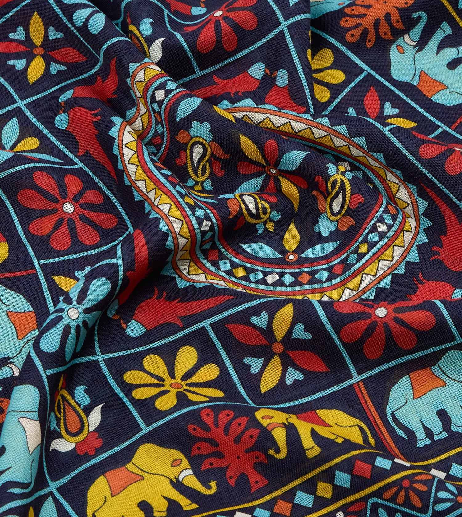 Navy Elephants and Flowers Print Wool-Silk Scarf