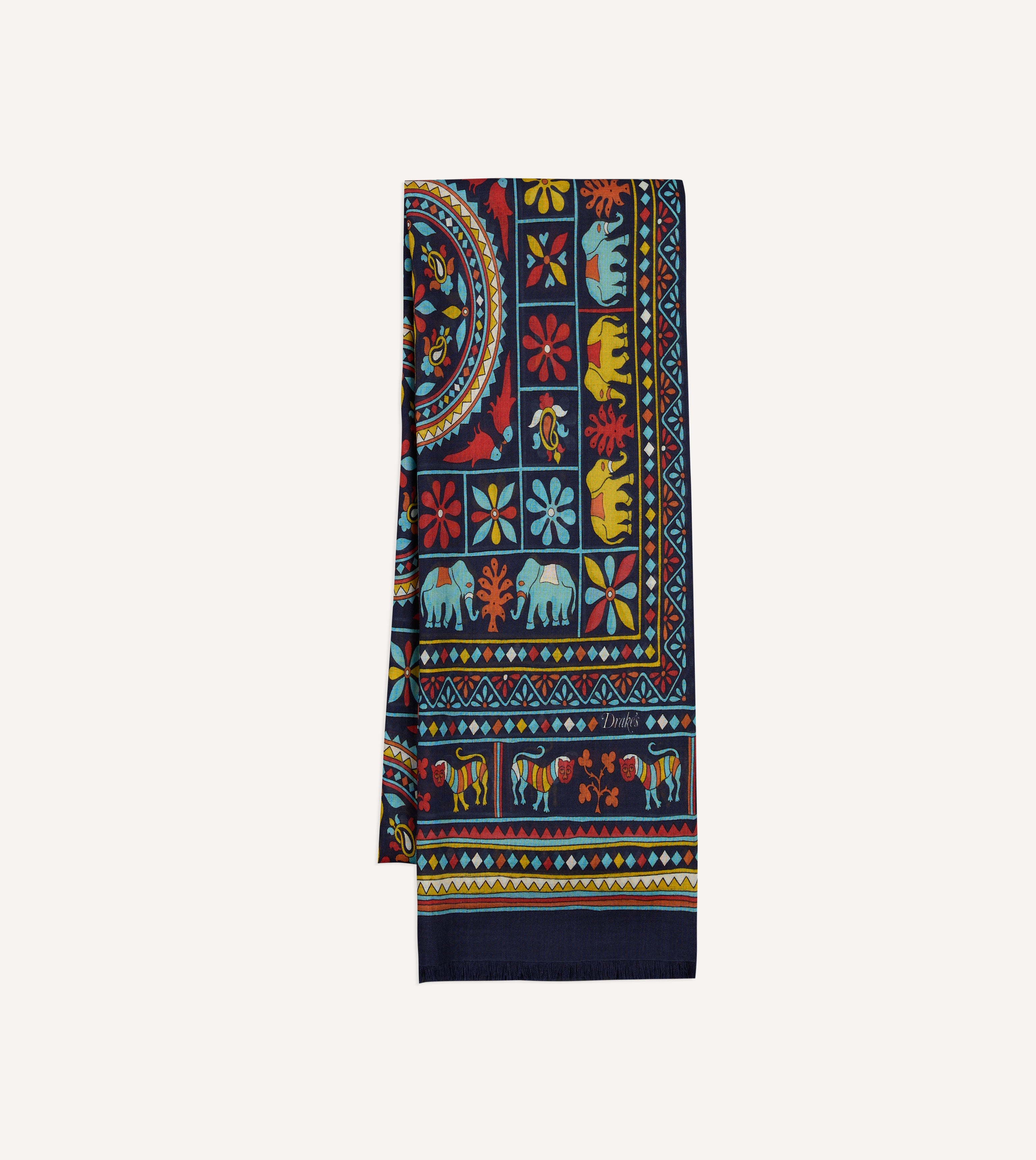 Navy Elephants and Flowers Print Wool-Silk Scarf – Drakes US