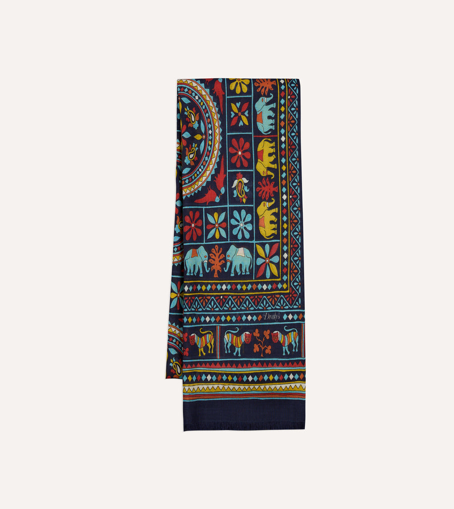 Navy Elephants and Flowers Print Wool-Silk Scarf