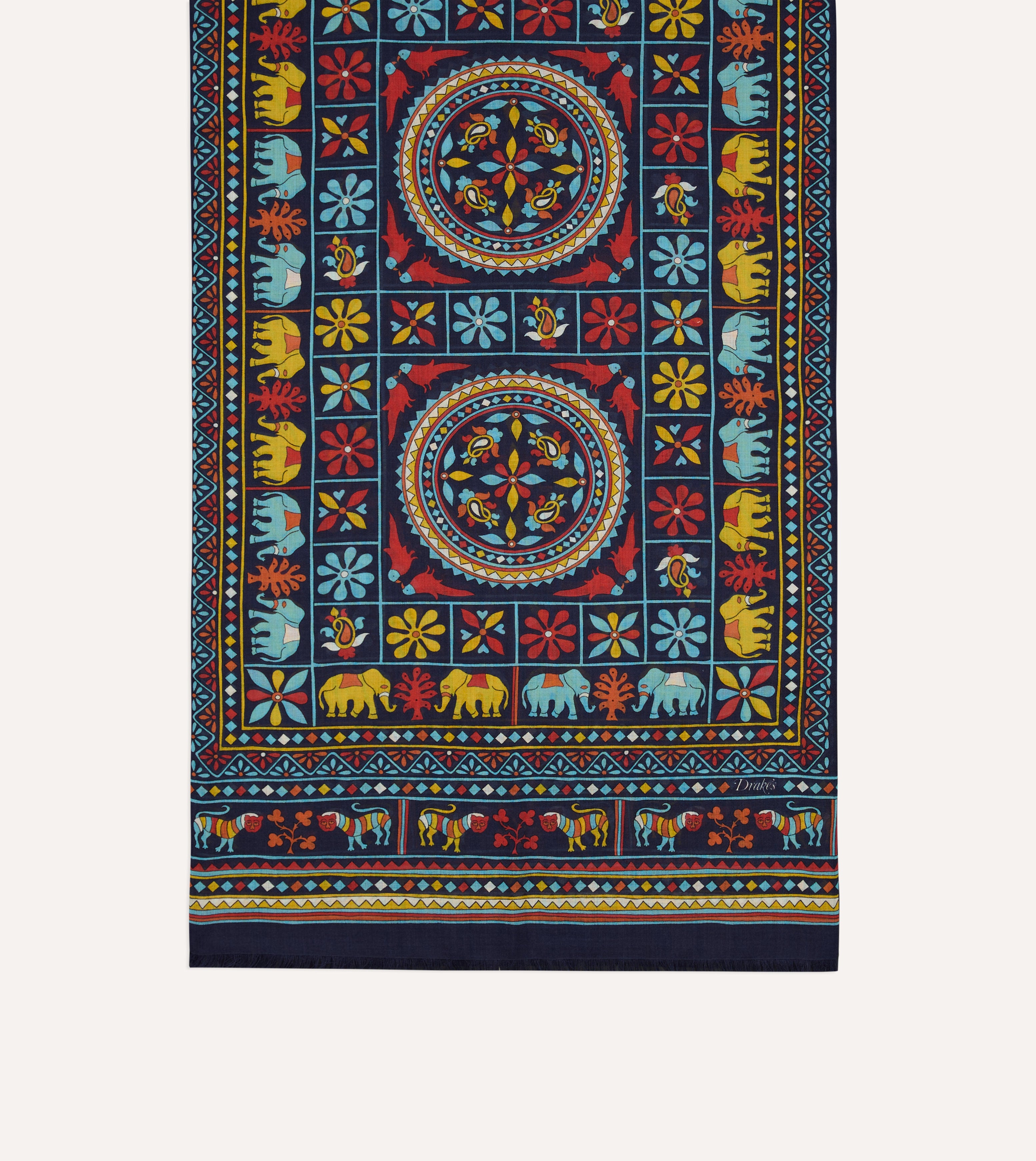 Navy Elephants and Flowers Print Wool-Silk Scarf
