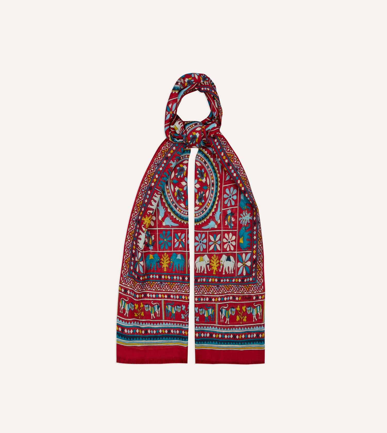 Red Elephants and Flowers Print Wool-Silk Scarf