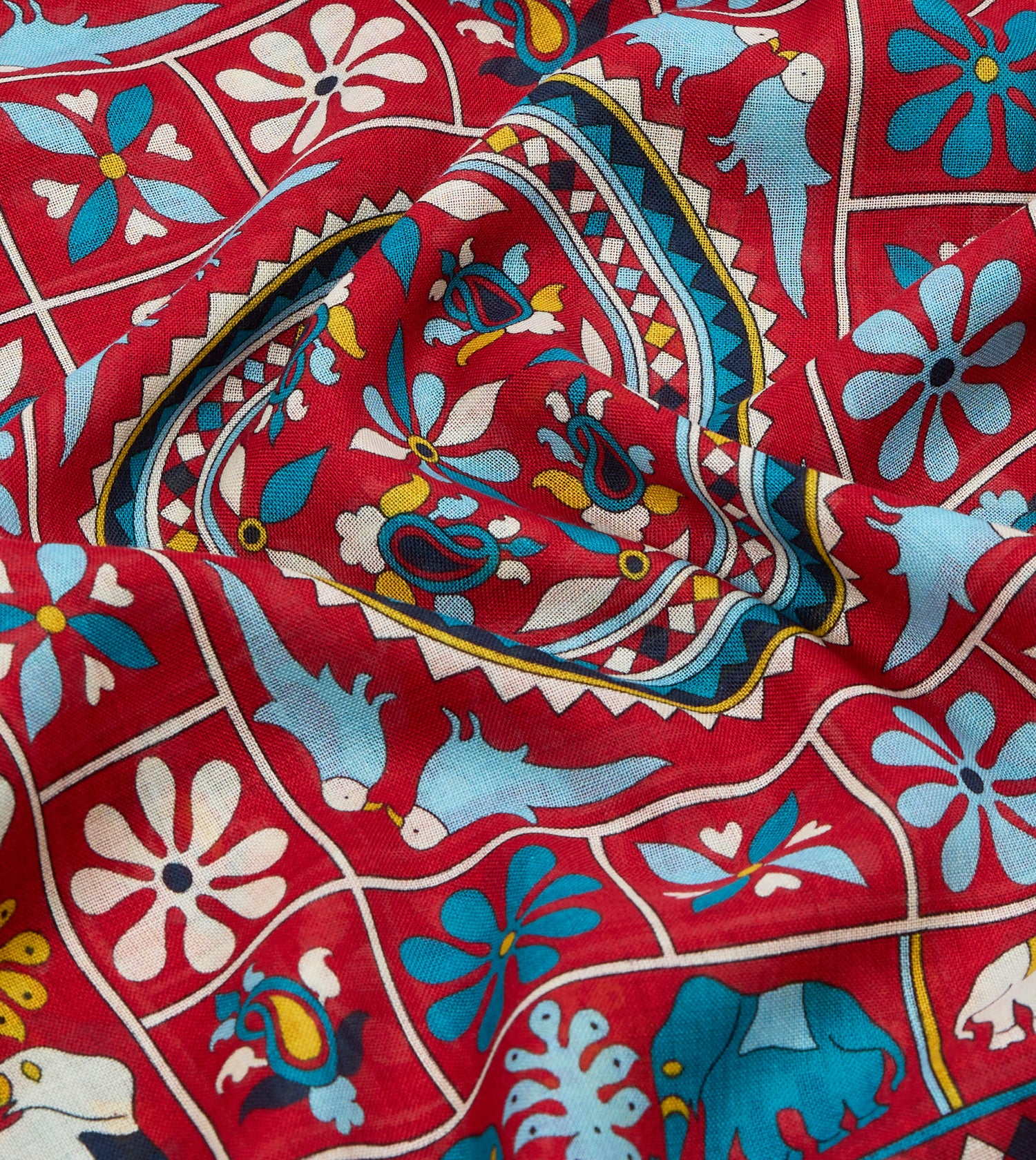 Red Elephants and Flowers Print Wool-Silk Scarf