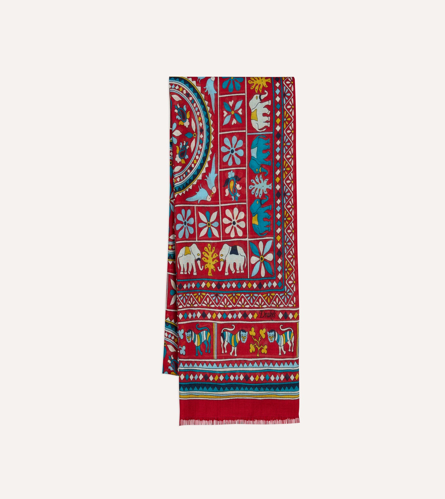 Red Elephants and Flowers Print Wool-Silk Scarf