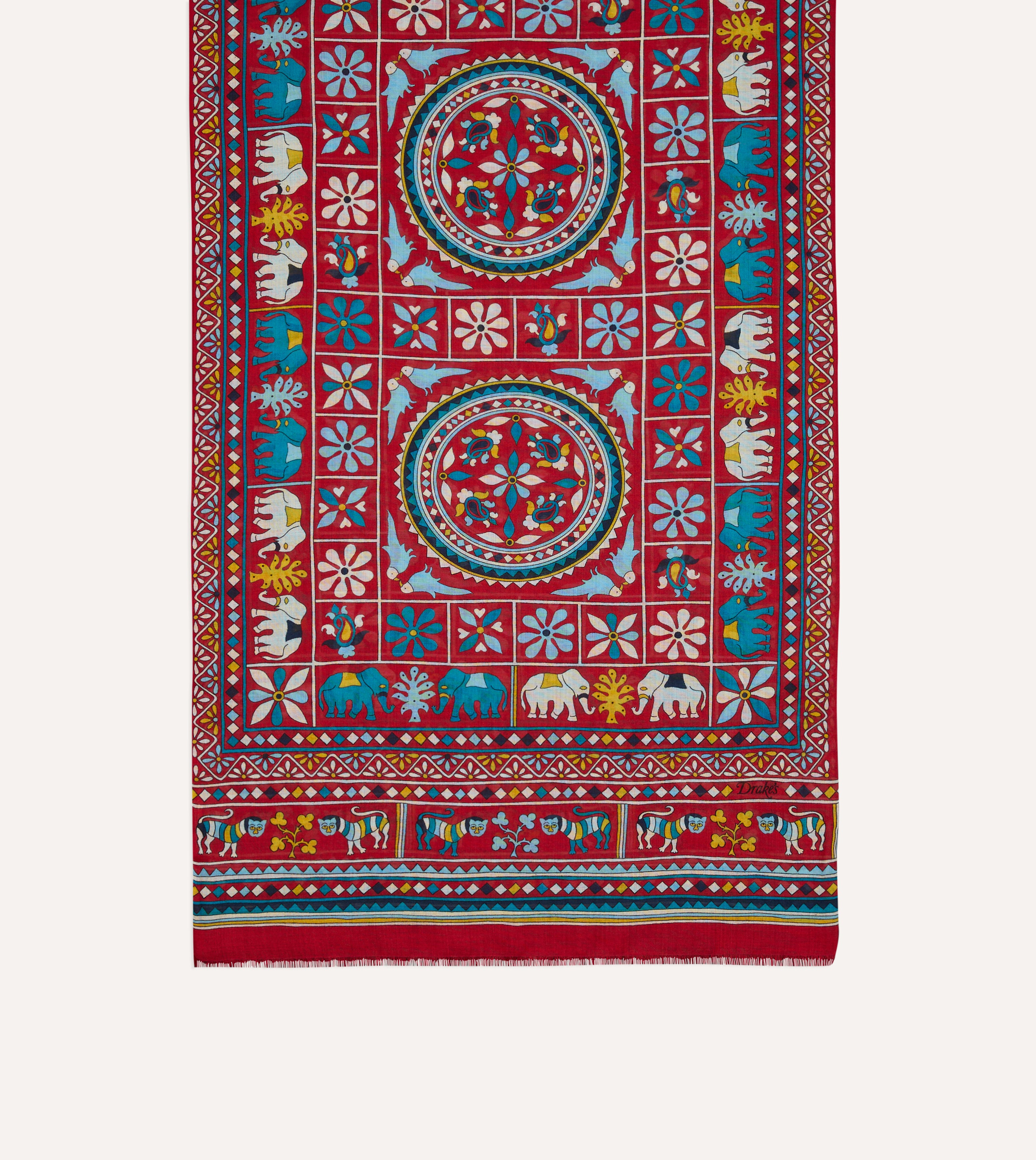Red Elephants and Flowers Print Wool-Silk Scarf