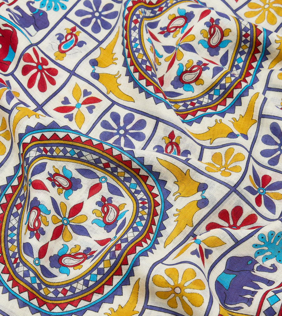 Ecru Elephants and Flowers Print Wool-Silk Scarf