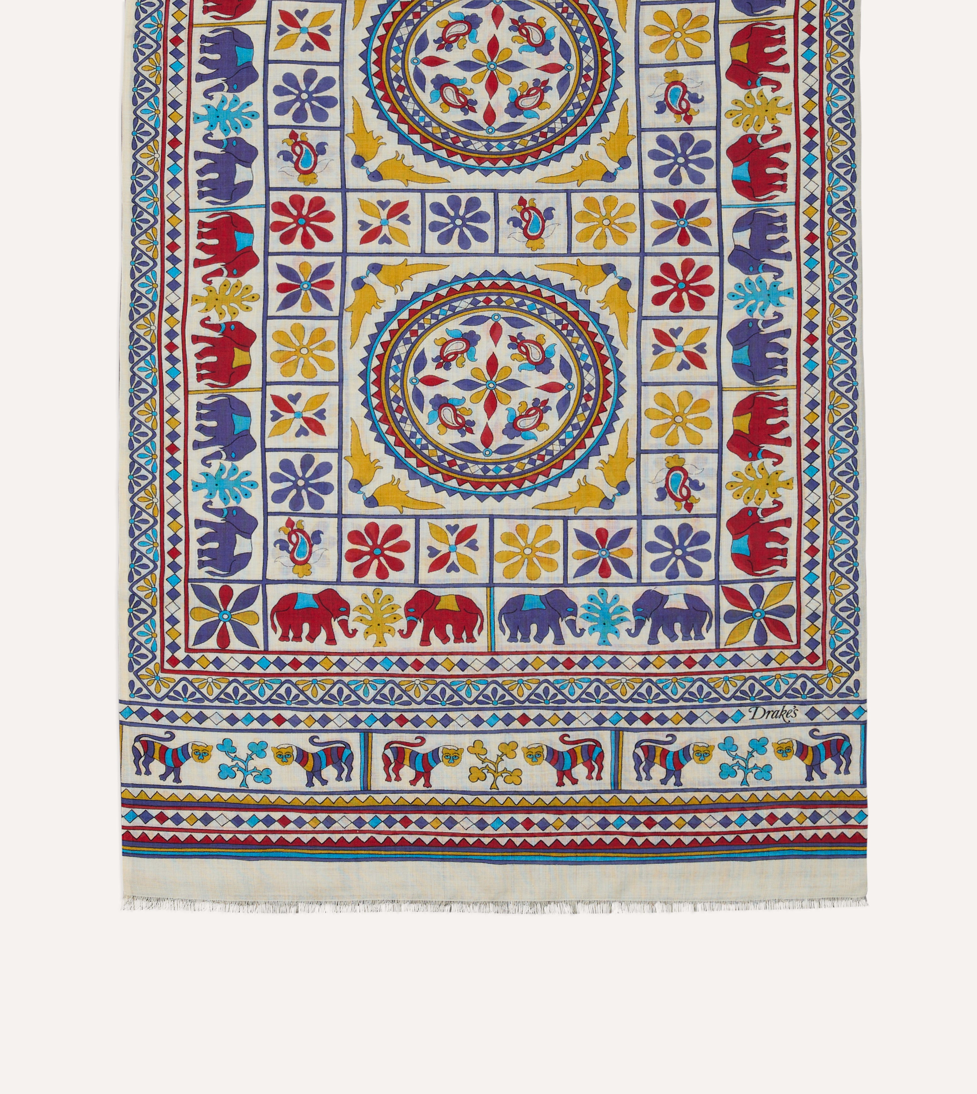 Ecru Elephants and Flowers Print Wool-Silk Scarf
