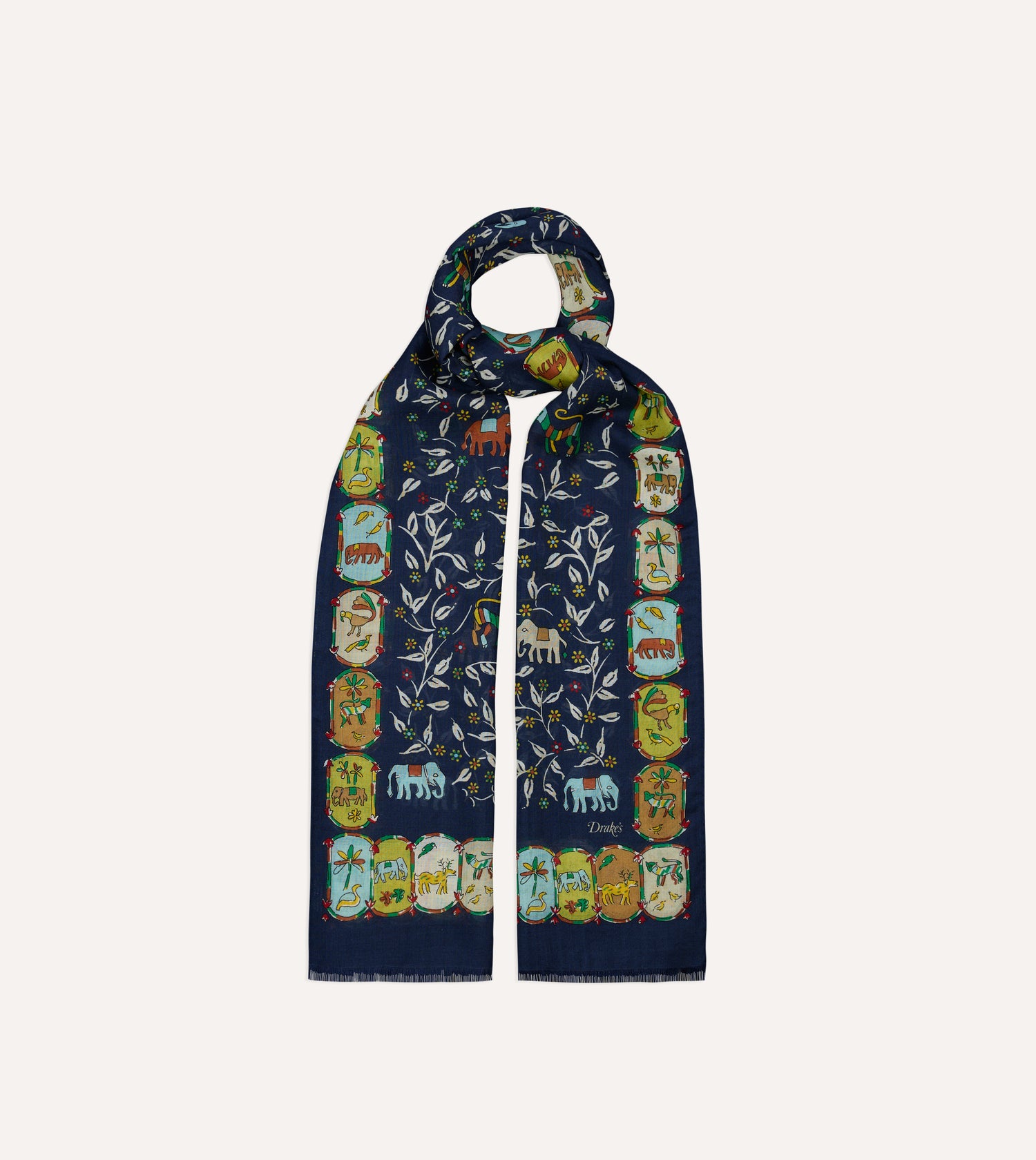 Navy Loose Animal Print Wool-Silk Scarf