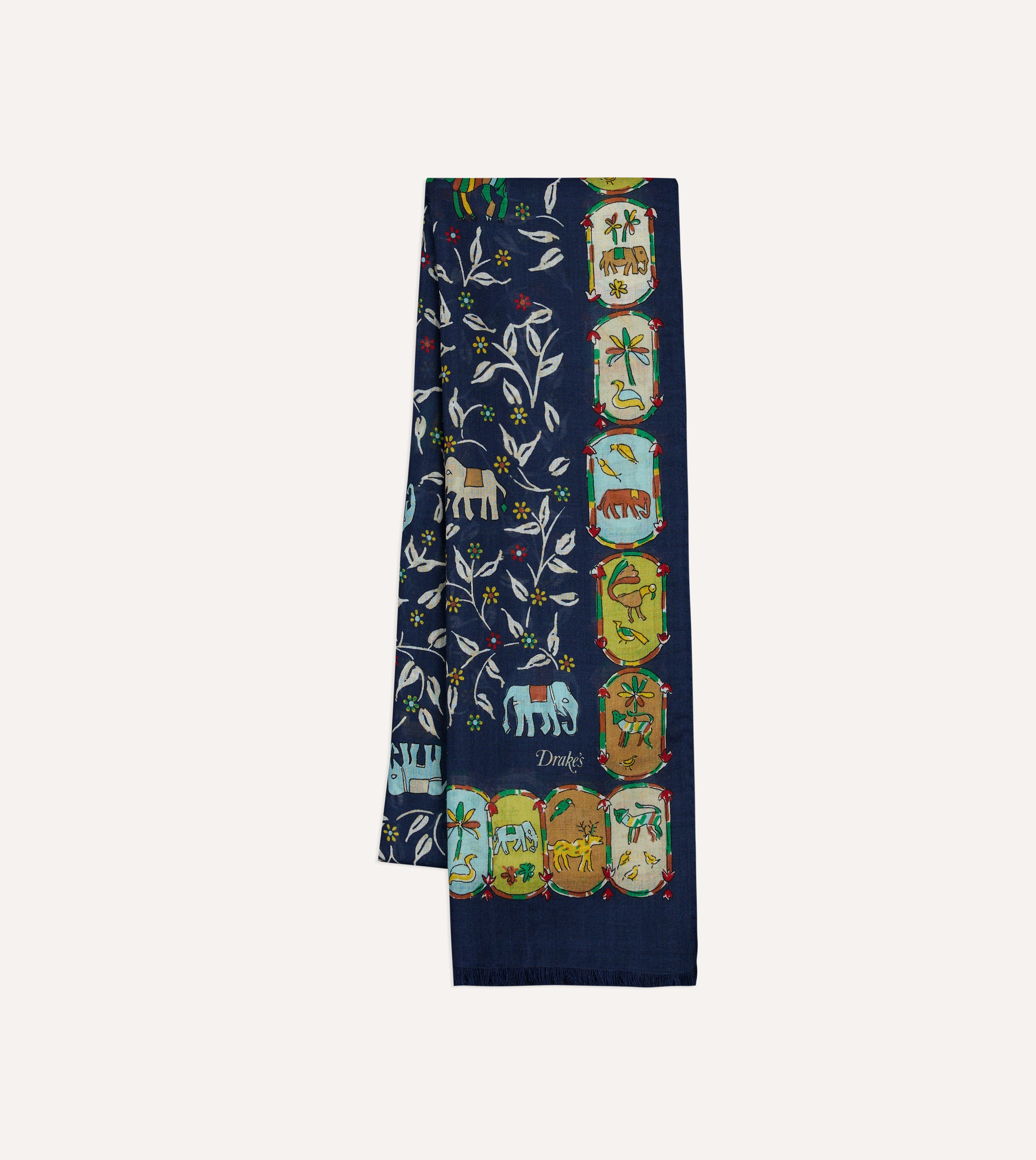 Drake's 動物柄 ネイビー スカーフ ストール ウールシルク Navy Loose Animal Print Wool-Silk Scarf – Drakes US