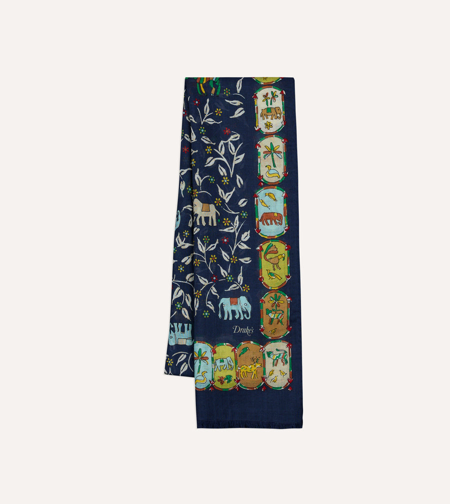 Navy Loose Animal Print Wool-Silk Scarf