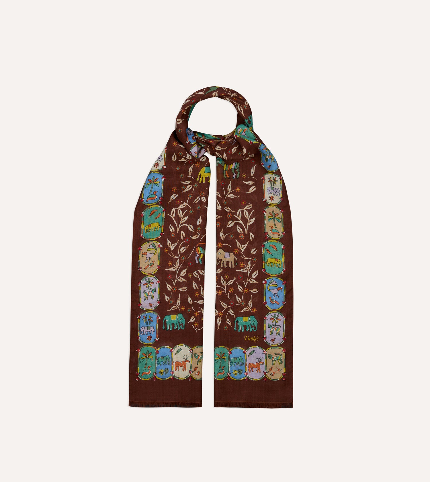 Brown Loose Animal Print Wool-Silk Scarf