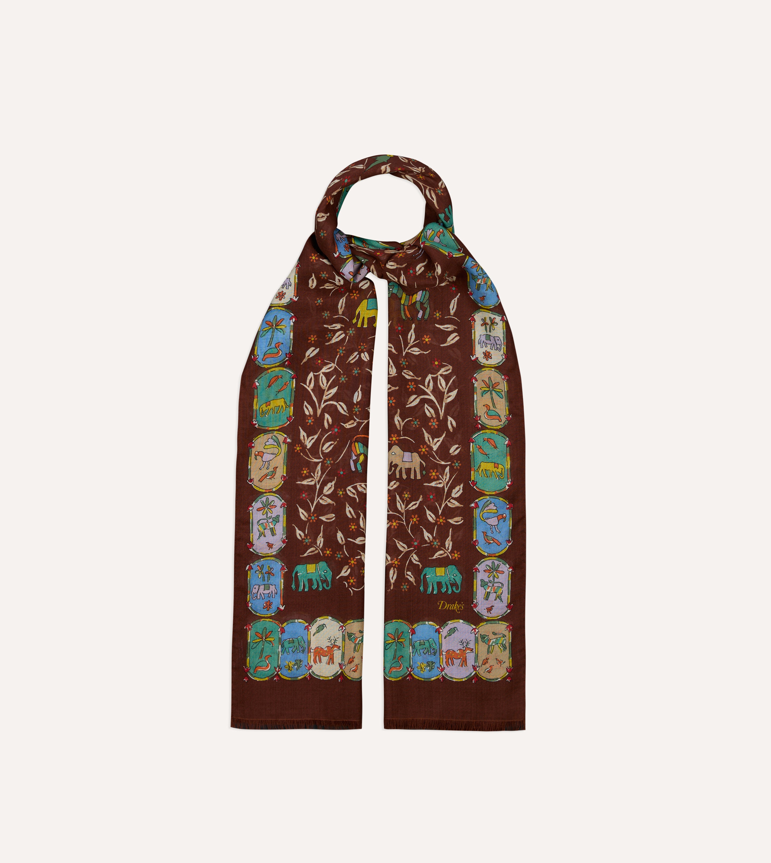 Brown Loose Animal Print Wool-Silk Scarf