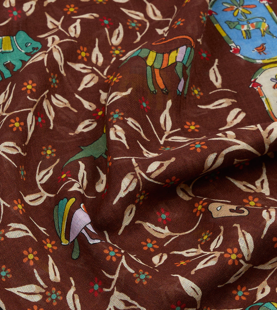 Brown Loose Animal Print Wool-Silk Scarf
