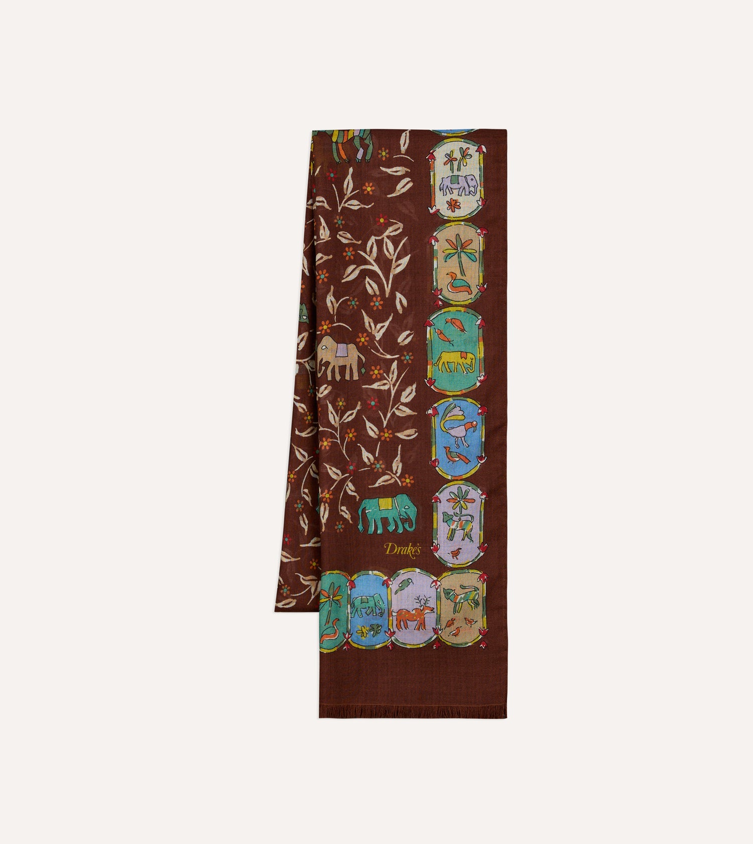 Brown Loose Animal Print Wool-Silk Scarf