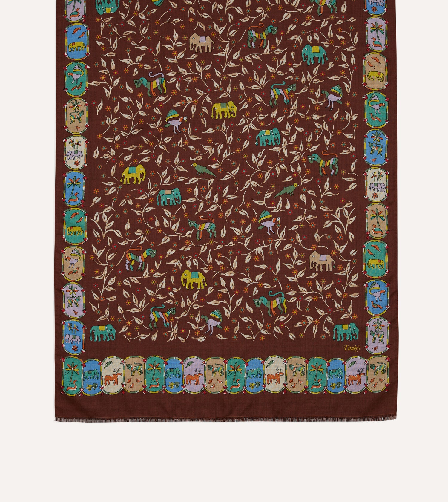 Brown Loose Animal Print Wool-Silk Scarf