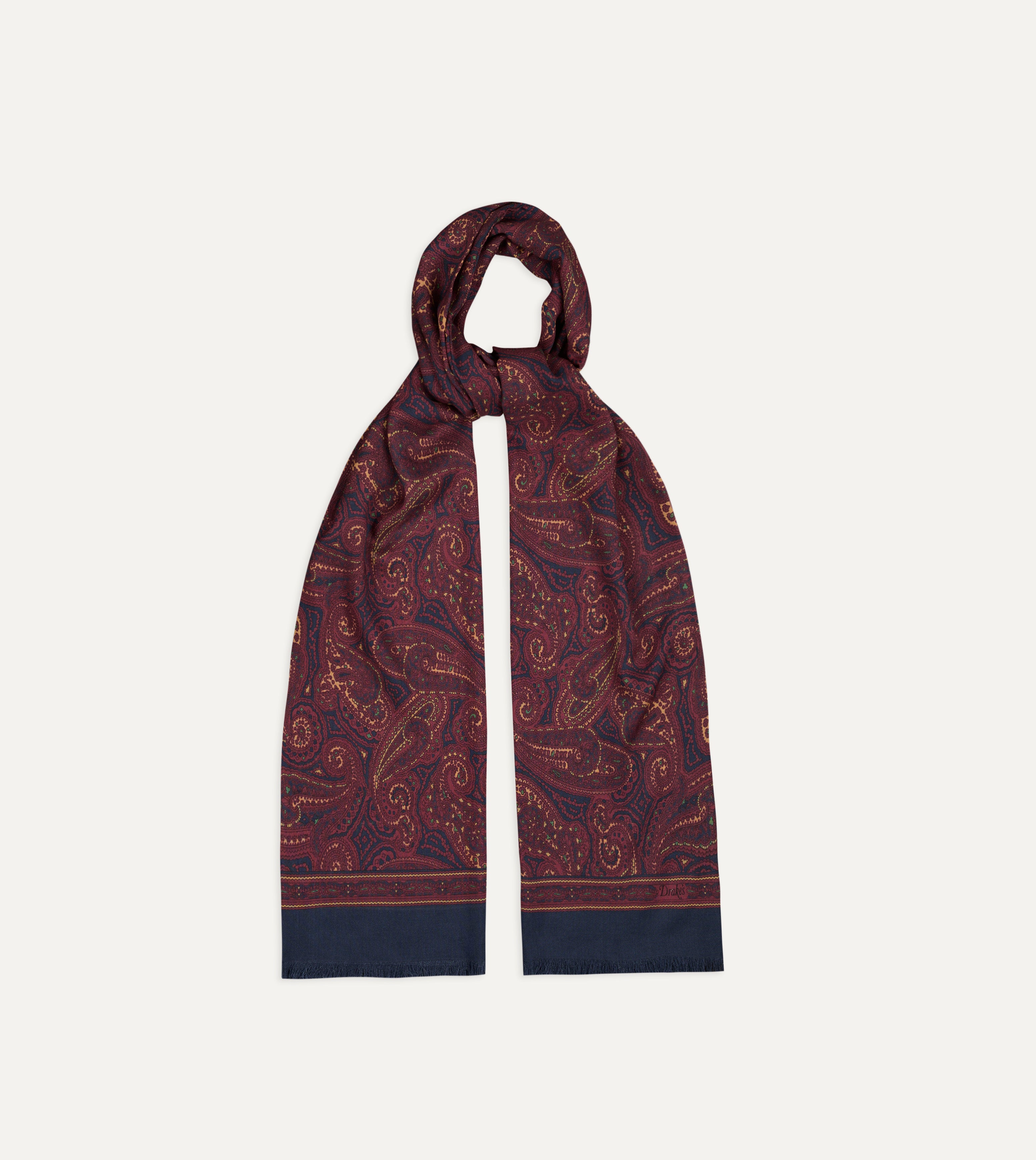 Navy and Red Paisley Print Tubular Silk Scarf