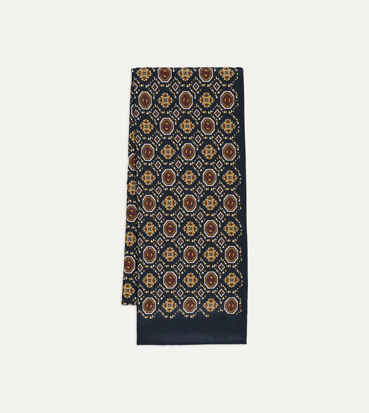 Navy Medallion Print Tubular Silk Scarf