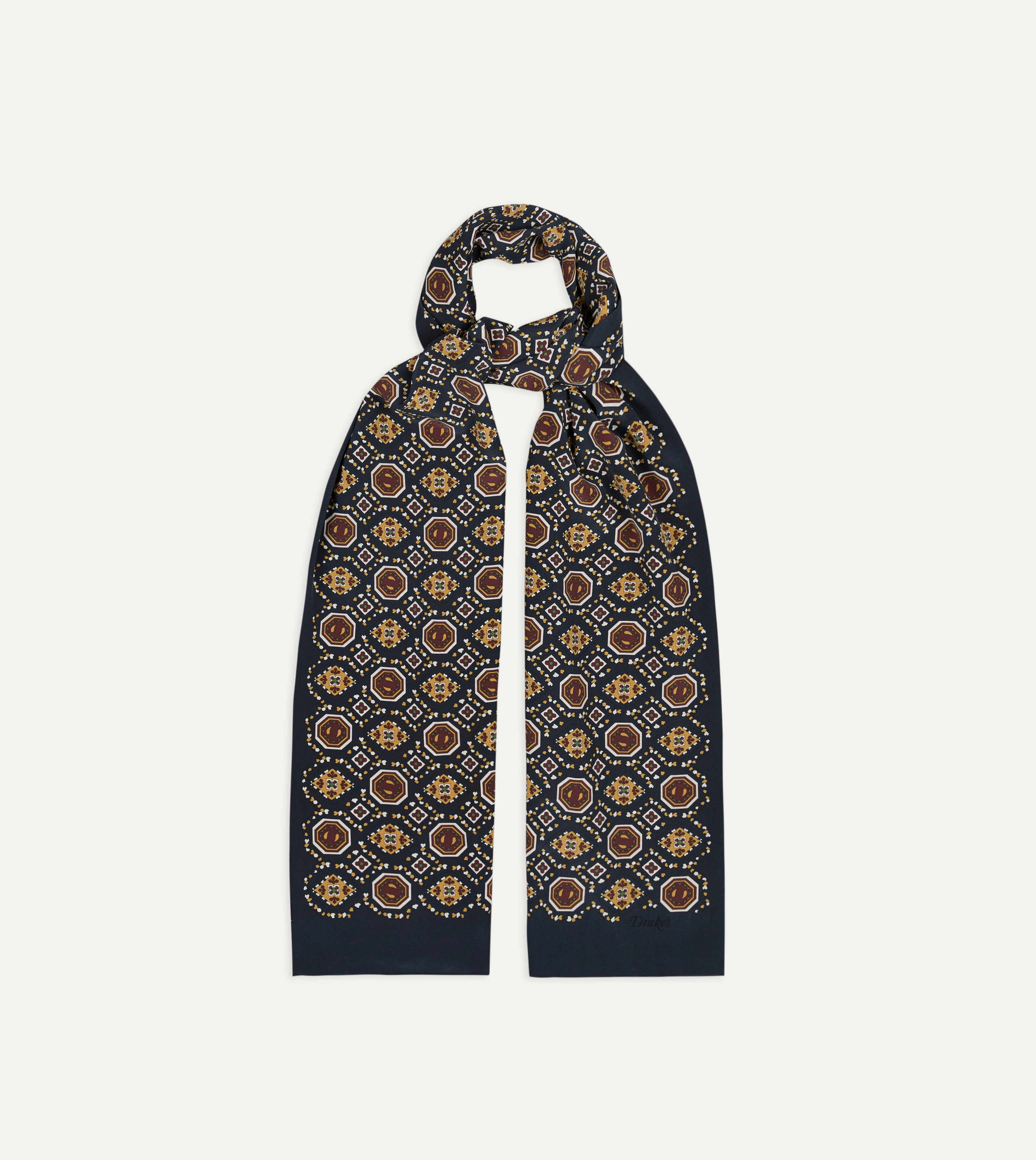Navy Medallion Print Tubular Silk Scarf