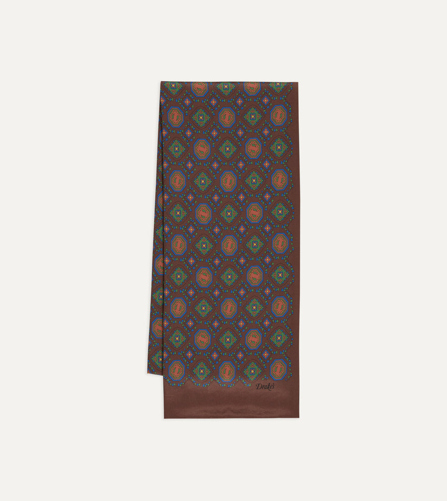 Brown Medallion Print Tubular Silk Scarf