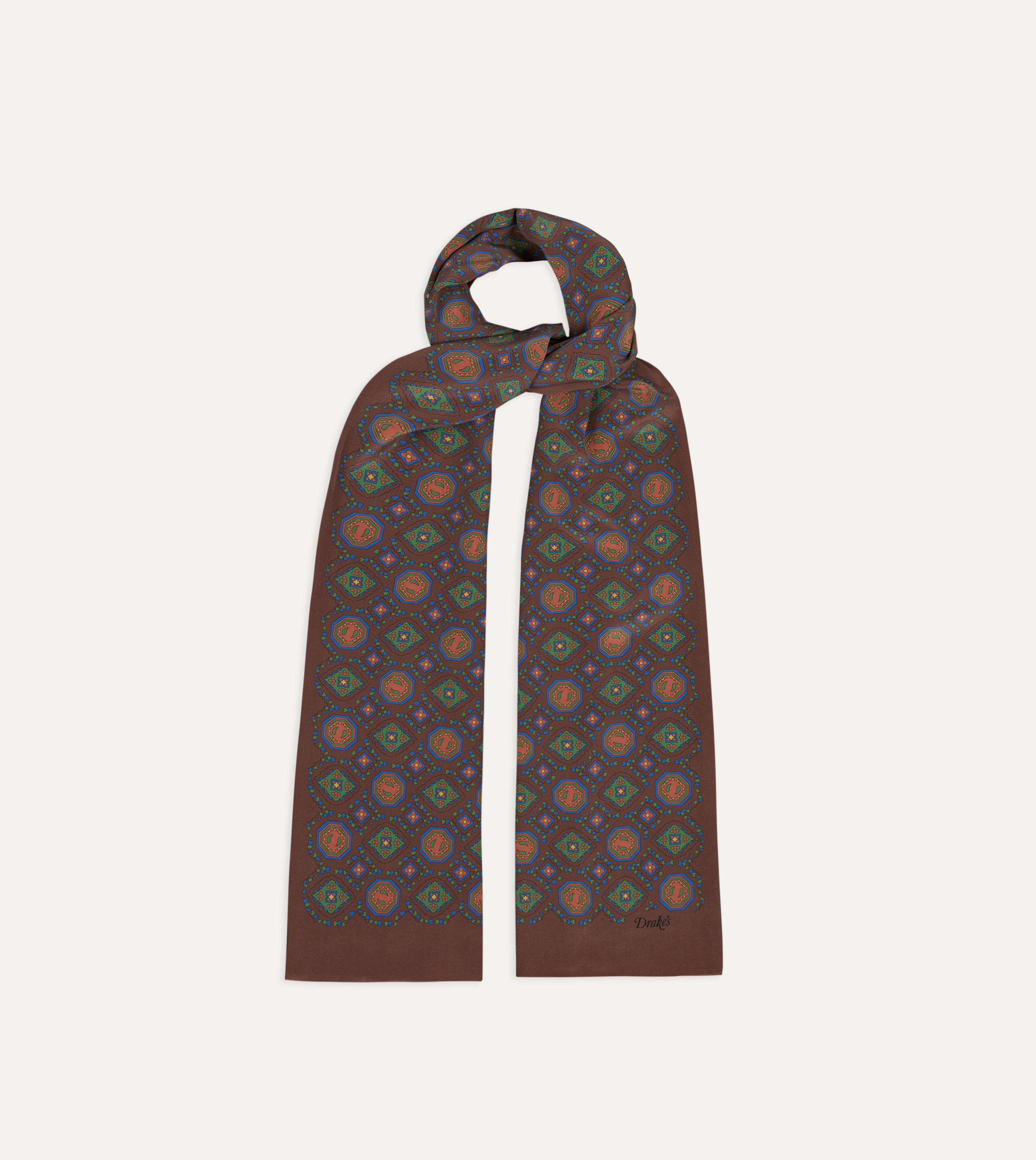 Brown Medallion Print Tubular Silk Scarf