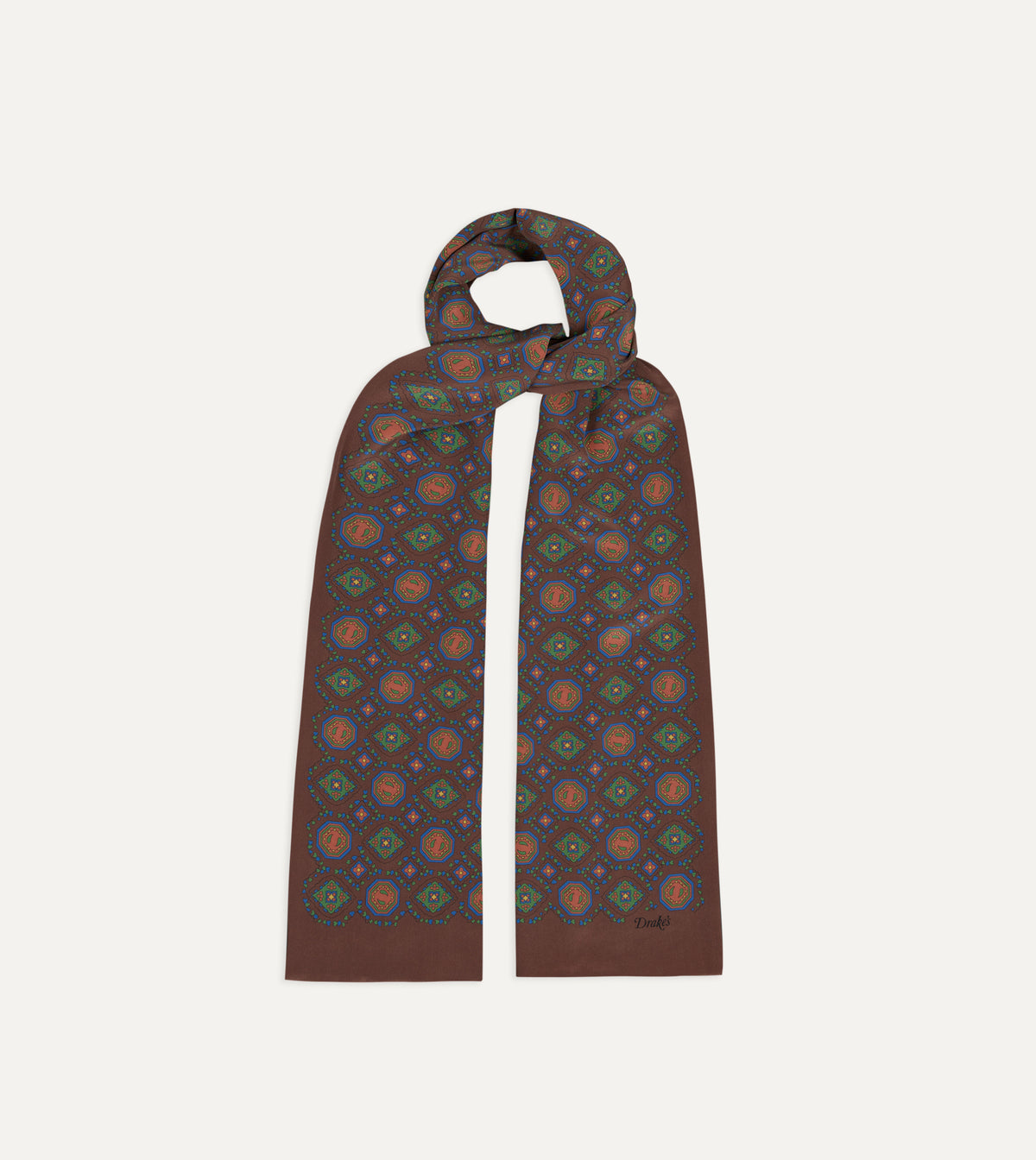 Brown Medallion Print Tubular Silk Scarf
